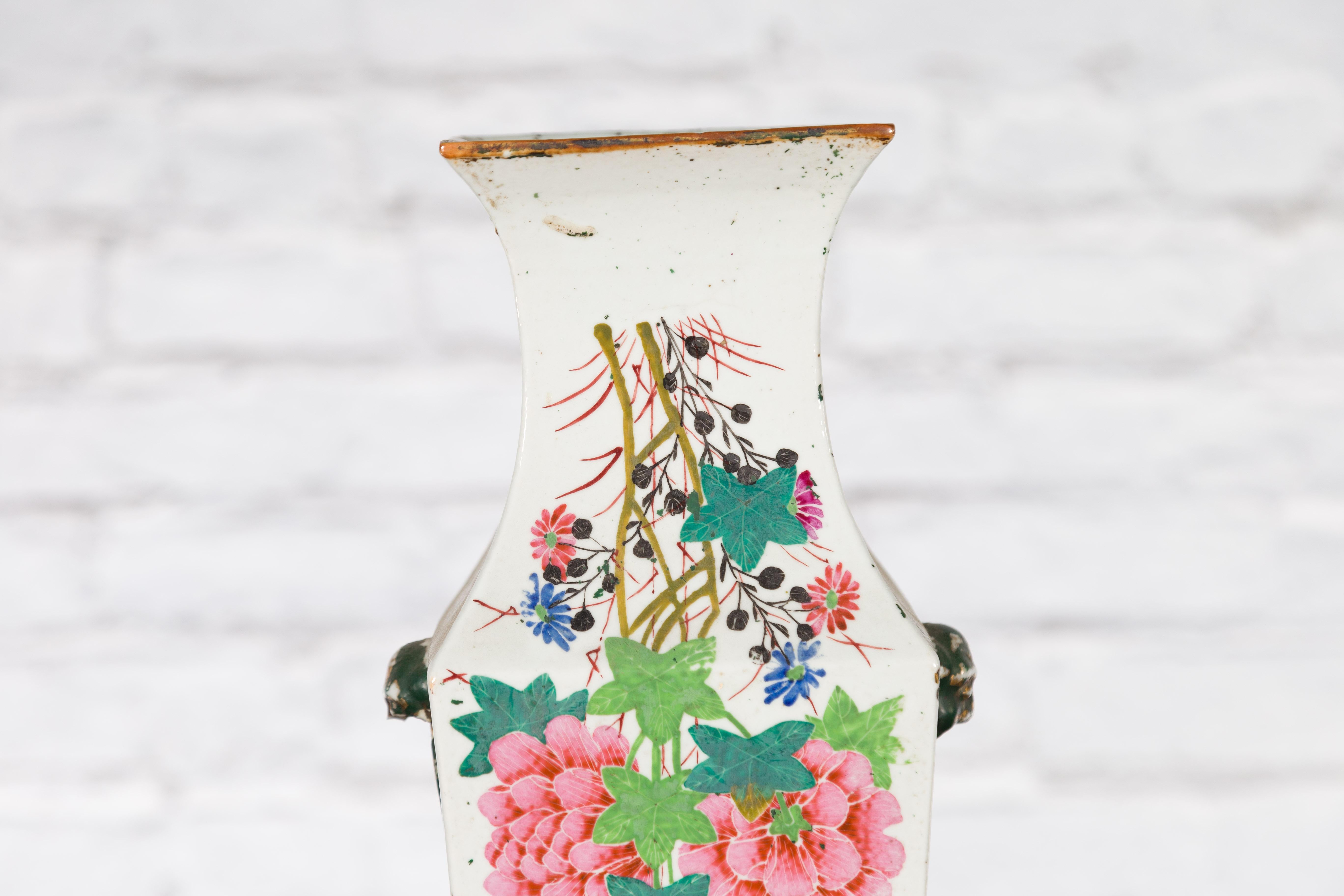 Ceramic Chinese Qing 19th Century Altar Vase with Hand-Painted Flowers and Calligraphy For Sale