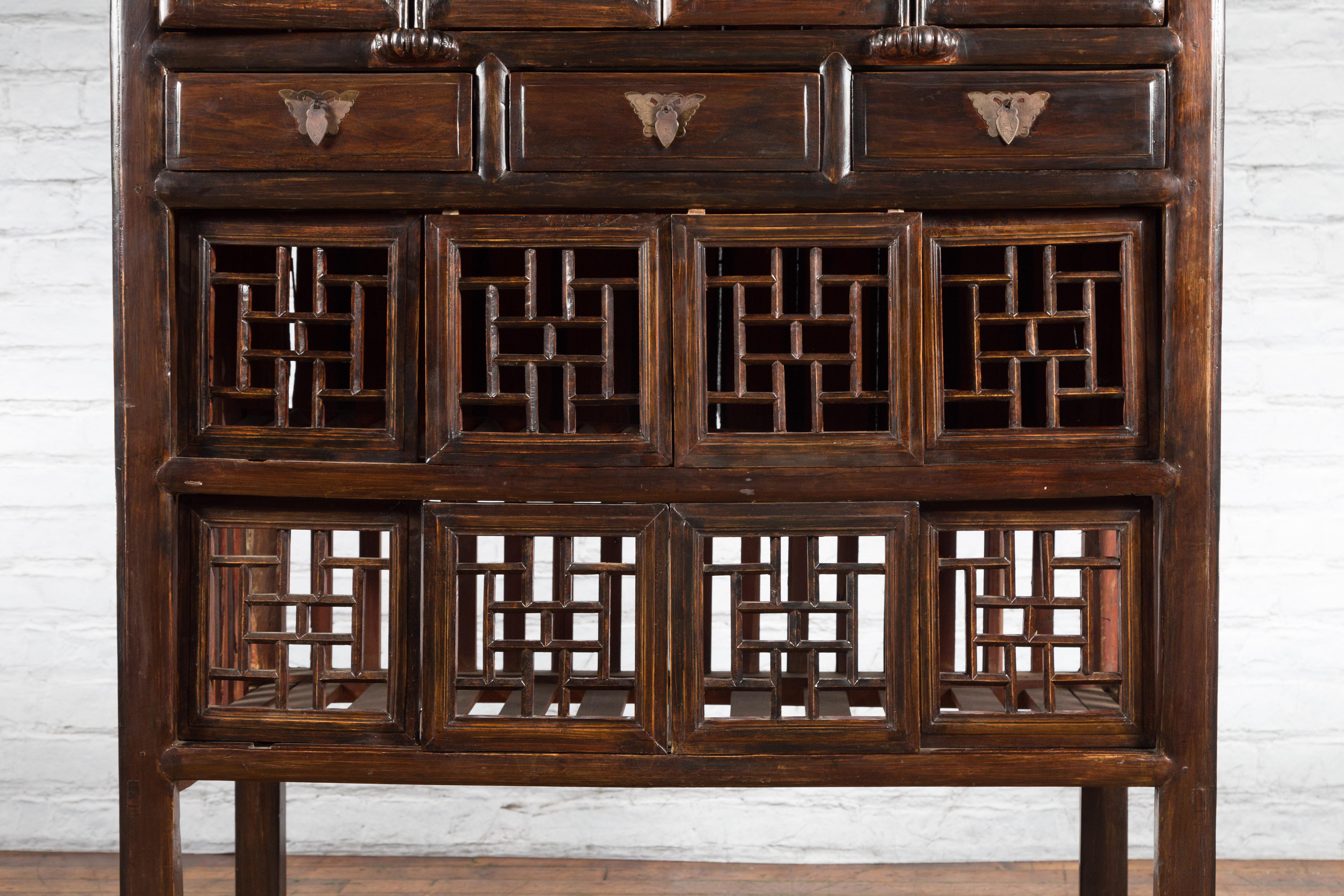 Chinese Qing 19th Century Brown Cabinet with Fretwork Doors and Three Drawers For Sale 4