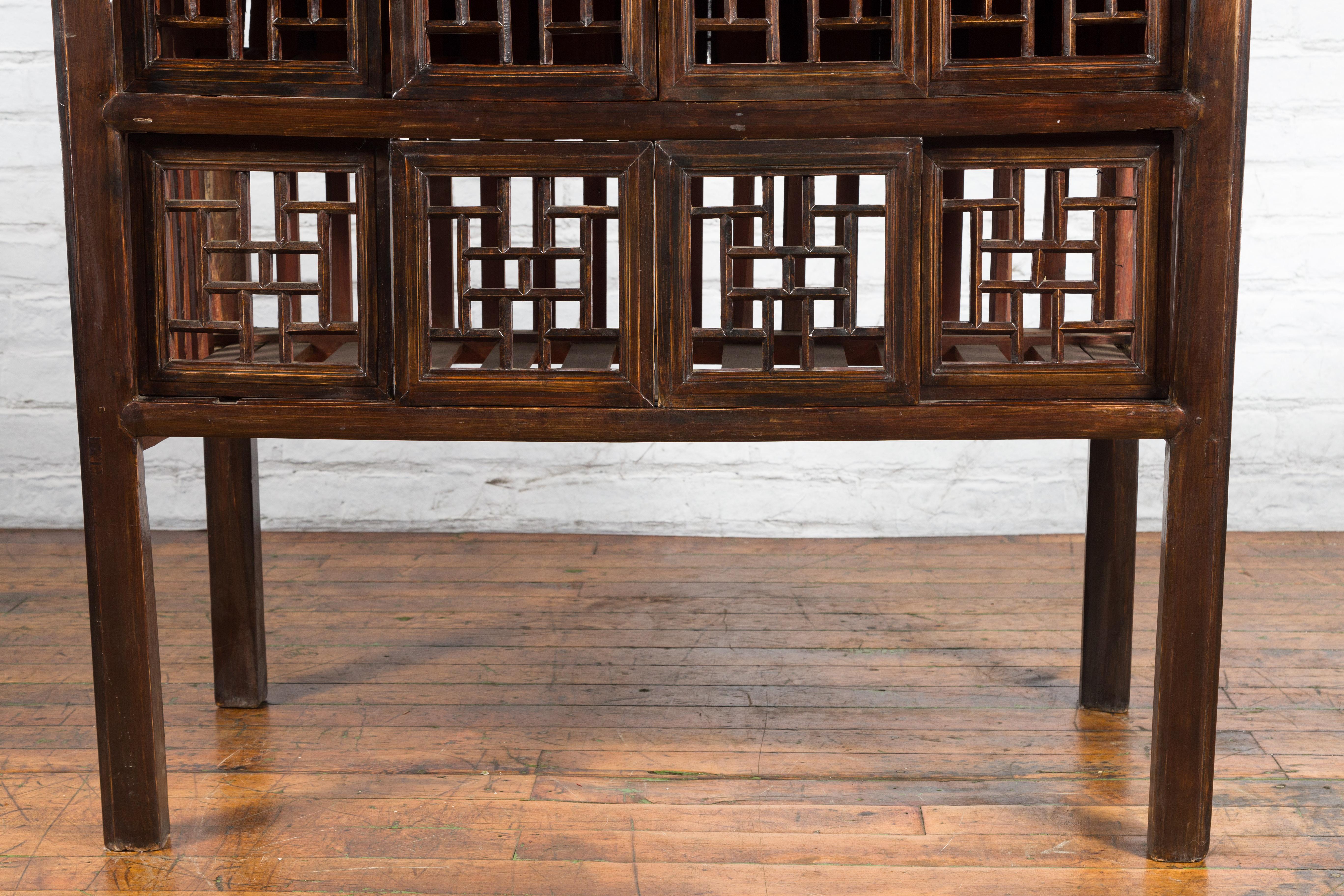 Chinese Qing 19th Century Brown Cabinet with Fretwork Doors and Three Drawers For Sale 5