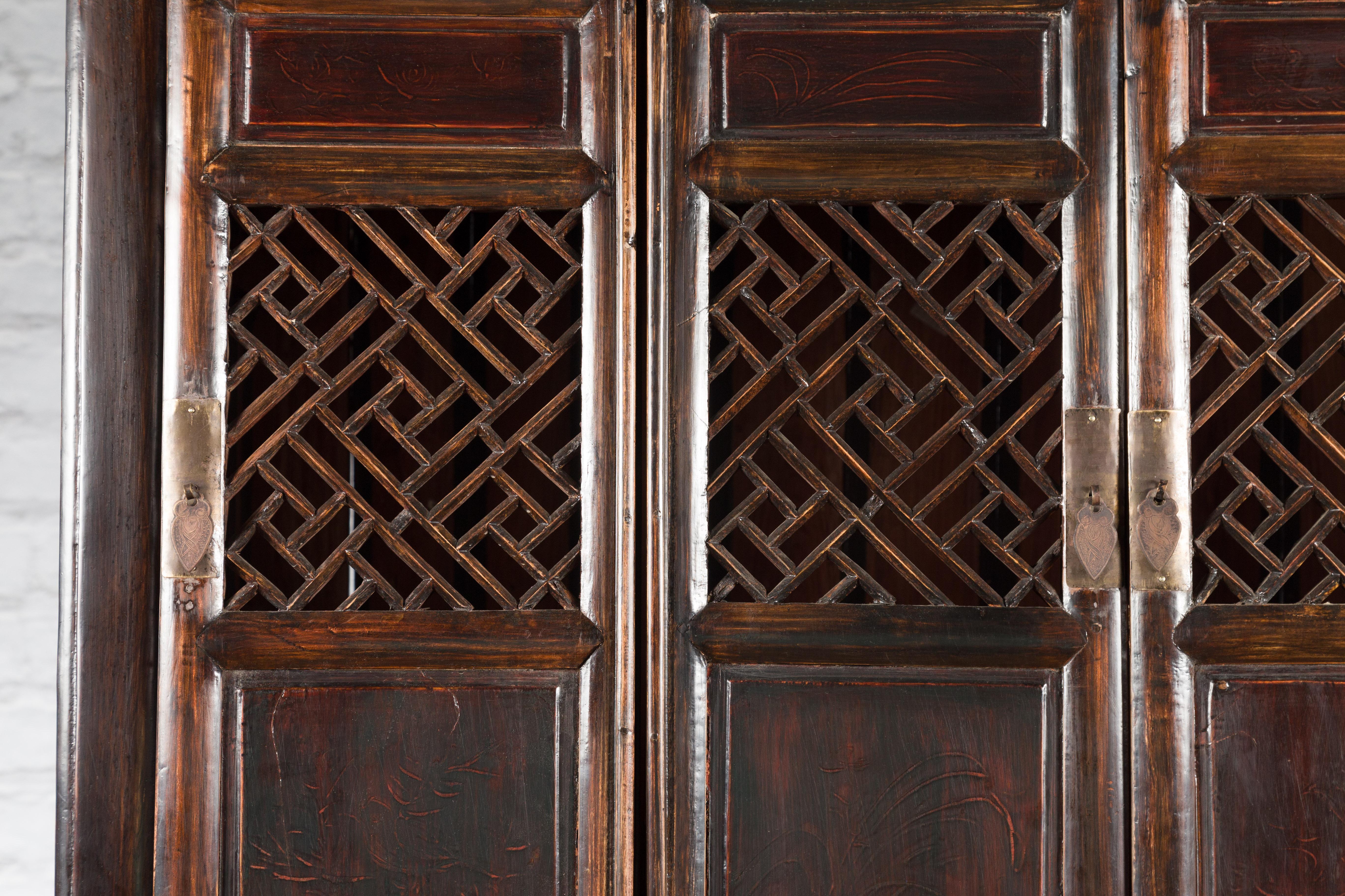 Chinese Qing 19th Century Brown Cabinet with Fretwork Doors and Three Drawers For Sale 6