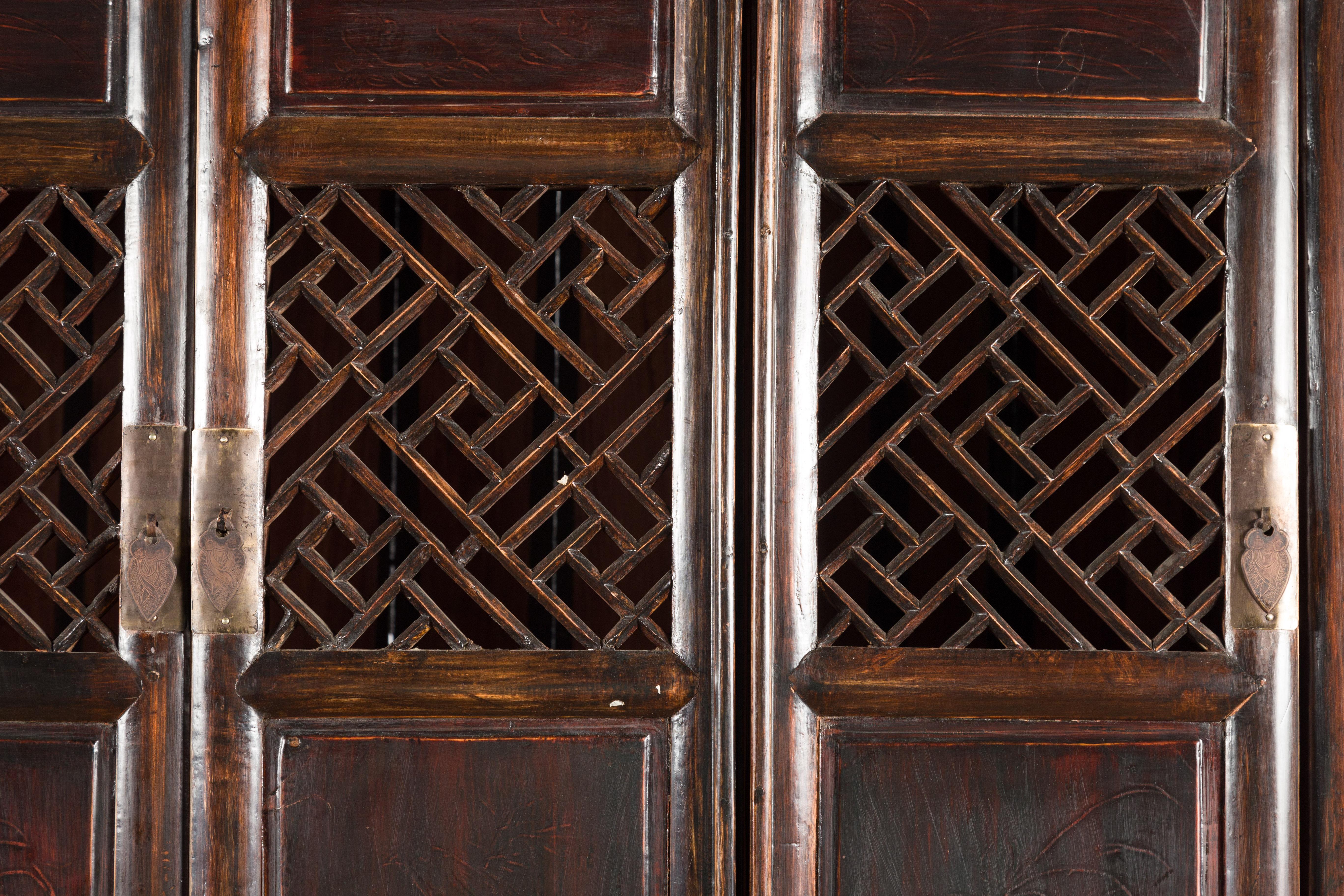 Chinese Qing 19th Century Brown Cabinet with Fretwork Doors and Three Drawers For Sale 7