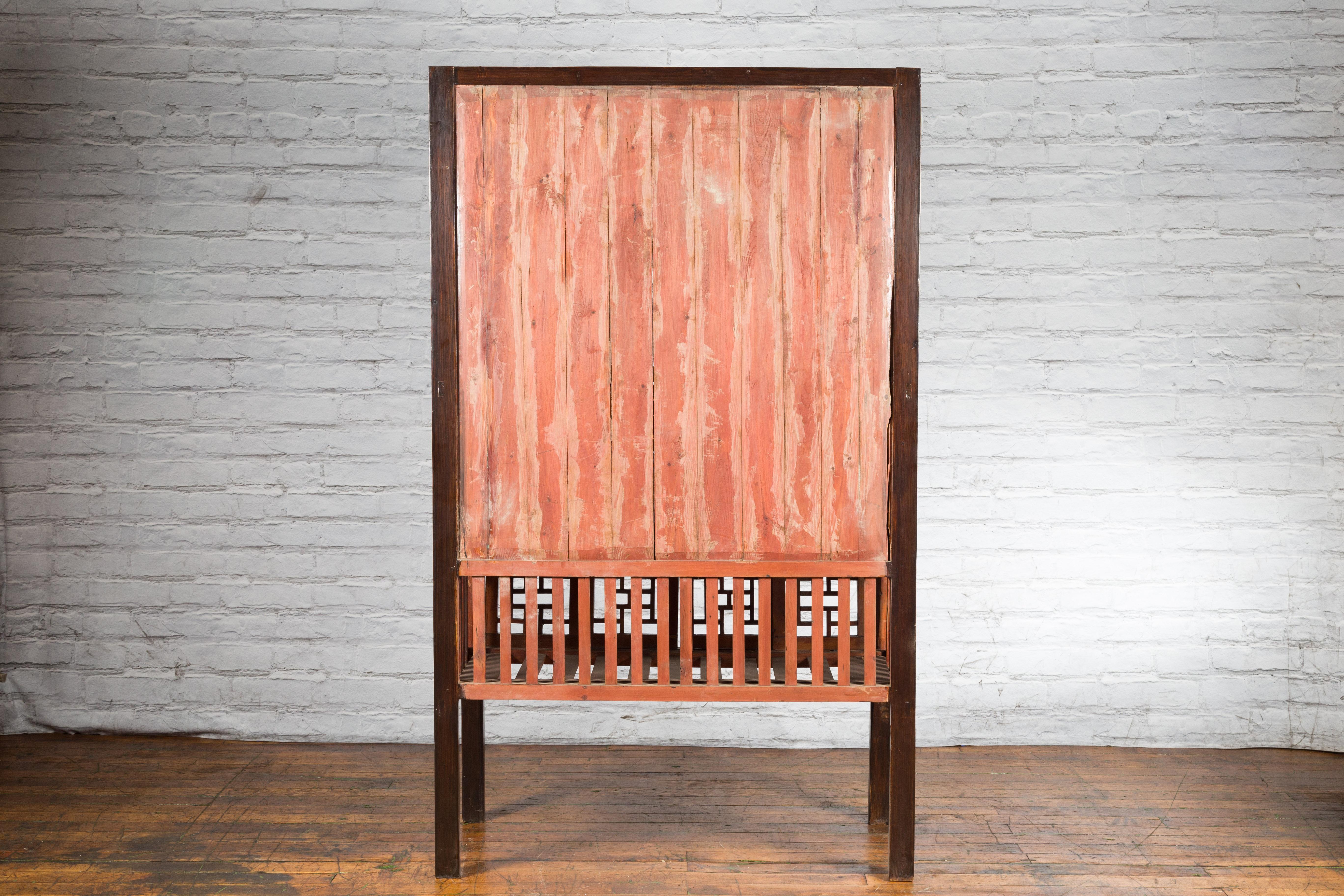 Chinese Qing 19th Century Brown Cabinet with Fretwork Doors and Three Drawers For Sale 11