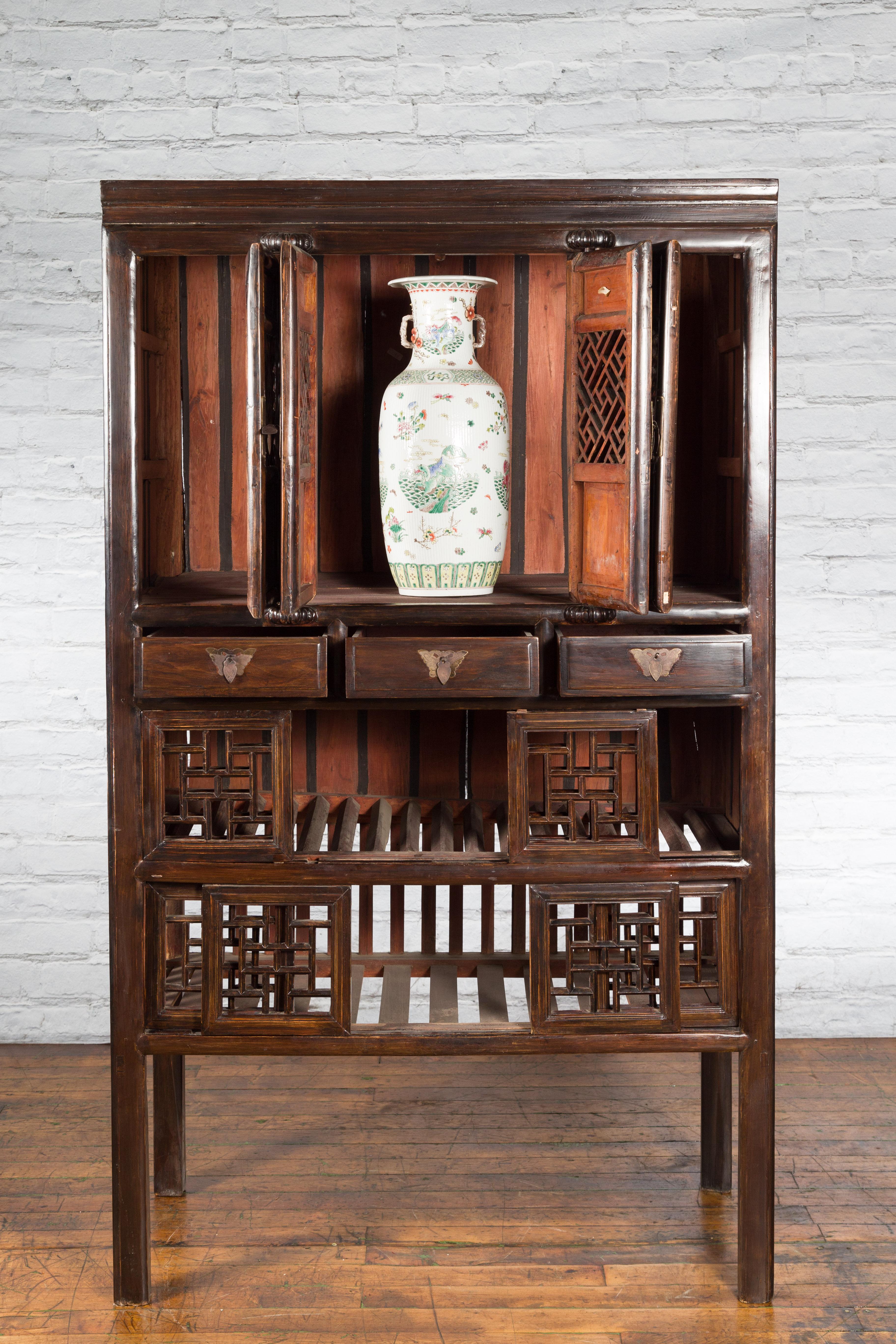 Chinese Qing 19th Century Brown Cabinet with Fretwork Doors and Three Drawers In Good Condition For Sale In Yonkers, NY