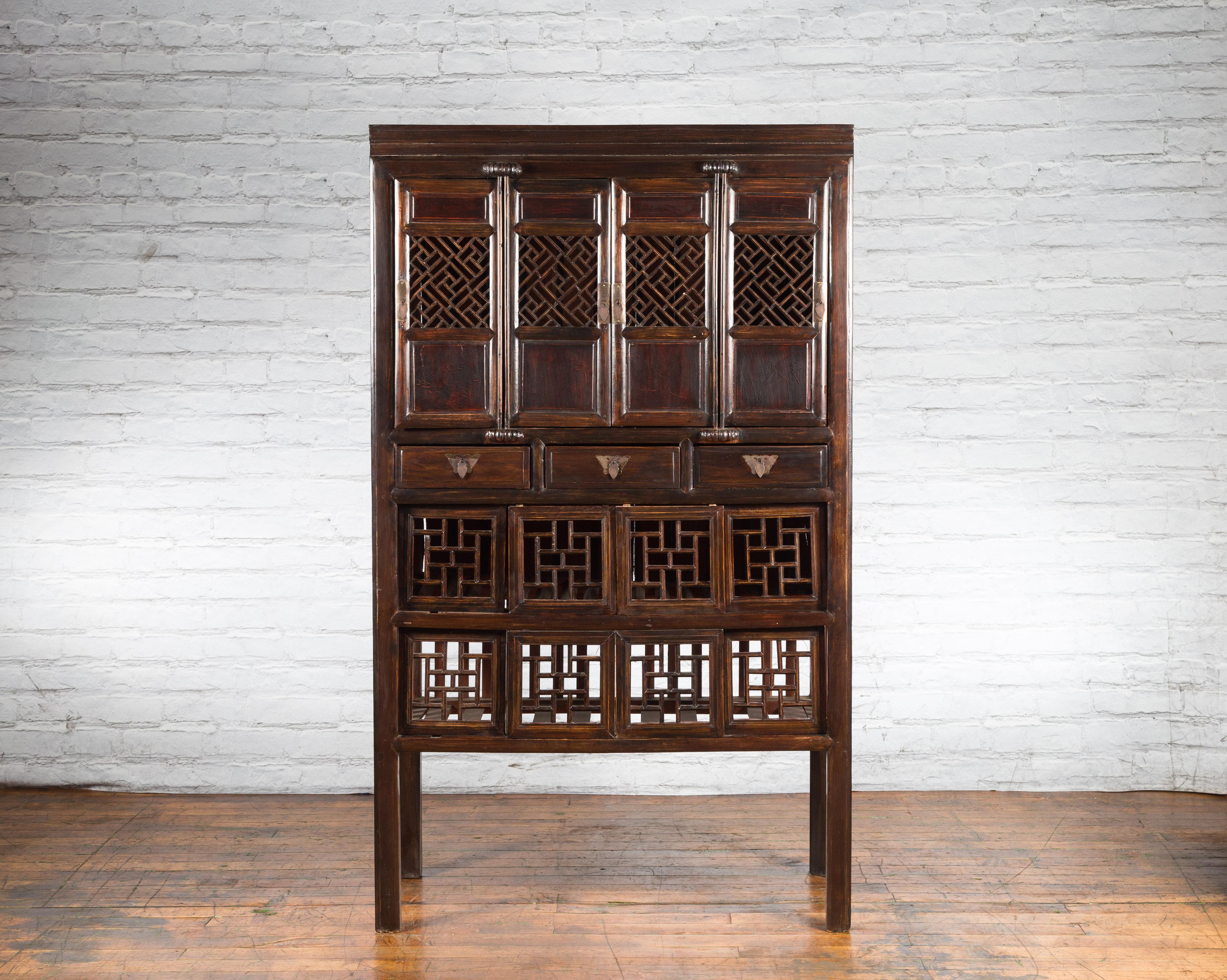 Chinese Qing 19th Century Brown Cabinet with Fretwork Doors and Three Drawers For Sale 1