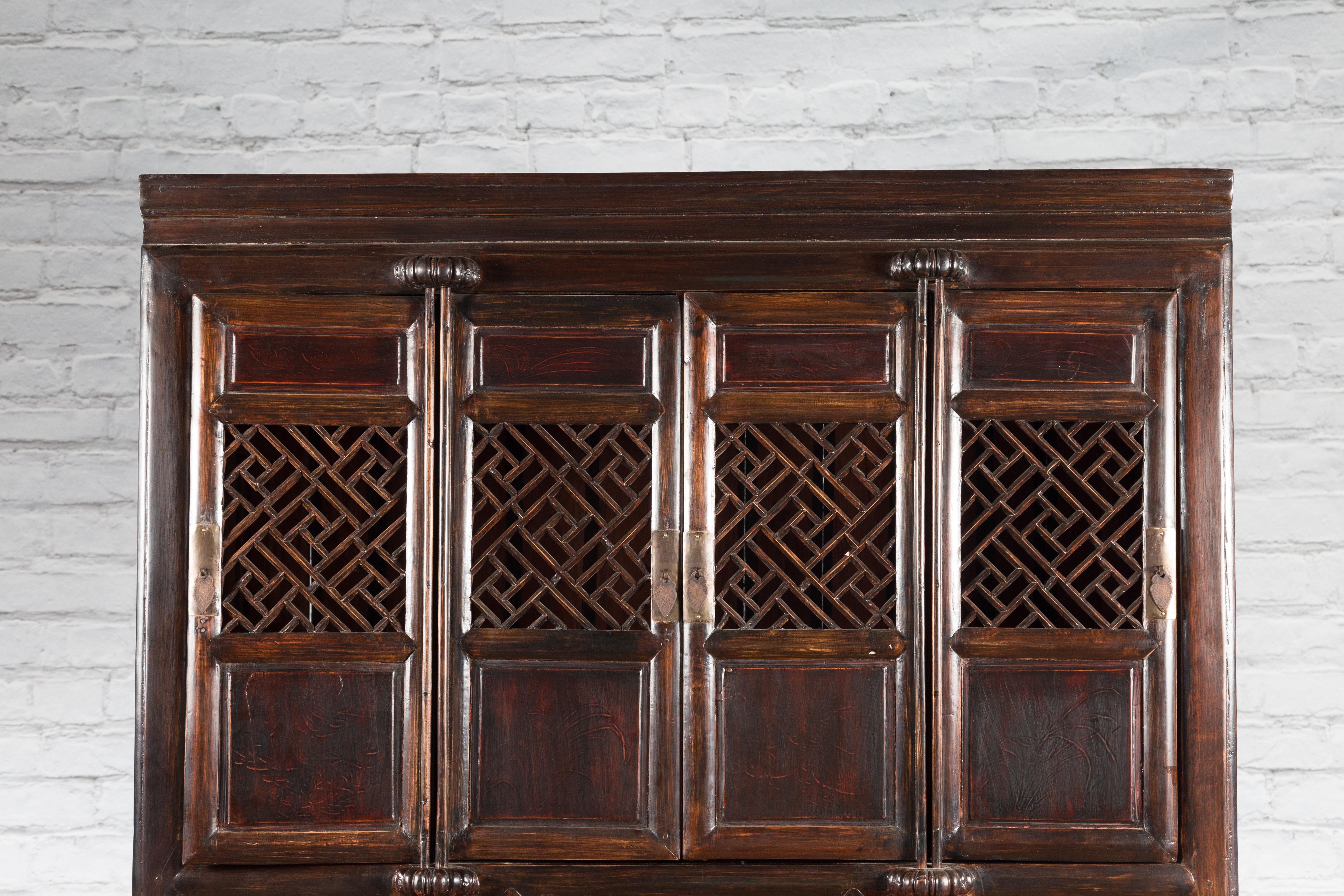 Chinese Qing 19th Century Brown Cabinet with Fretwork Doors and Three Drawers For Sale 2