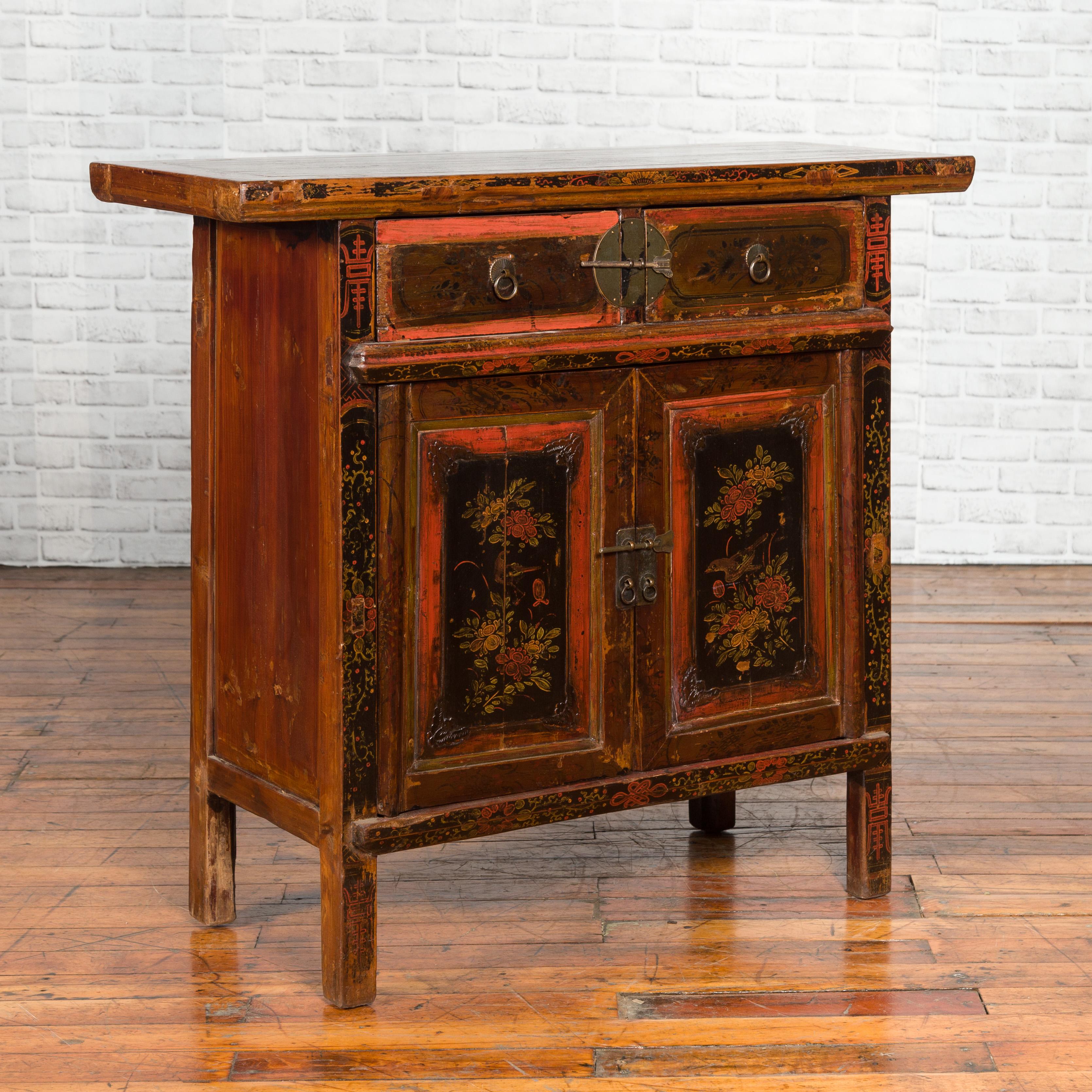 Lacquered Chinese Qing 19th Century Cabinet with Original Lacquer and Hand Painted Motifs