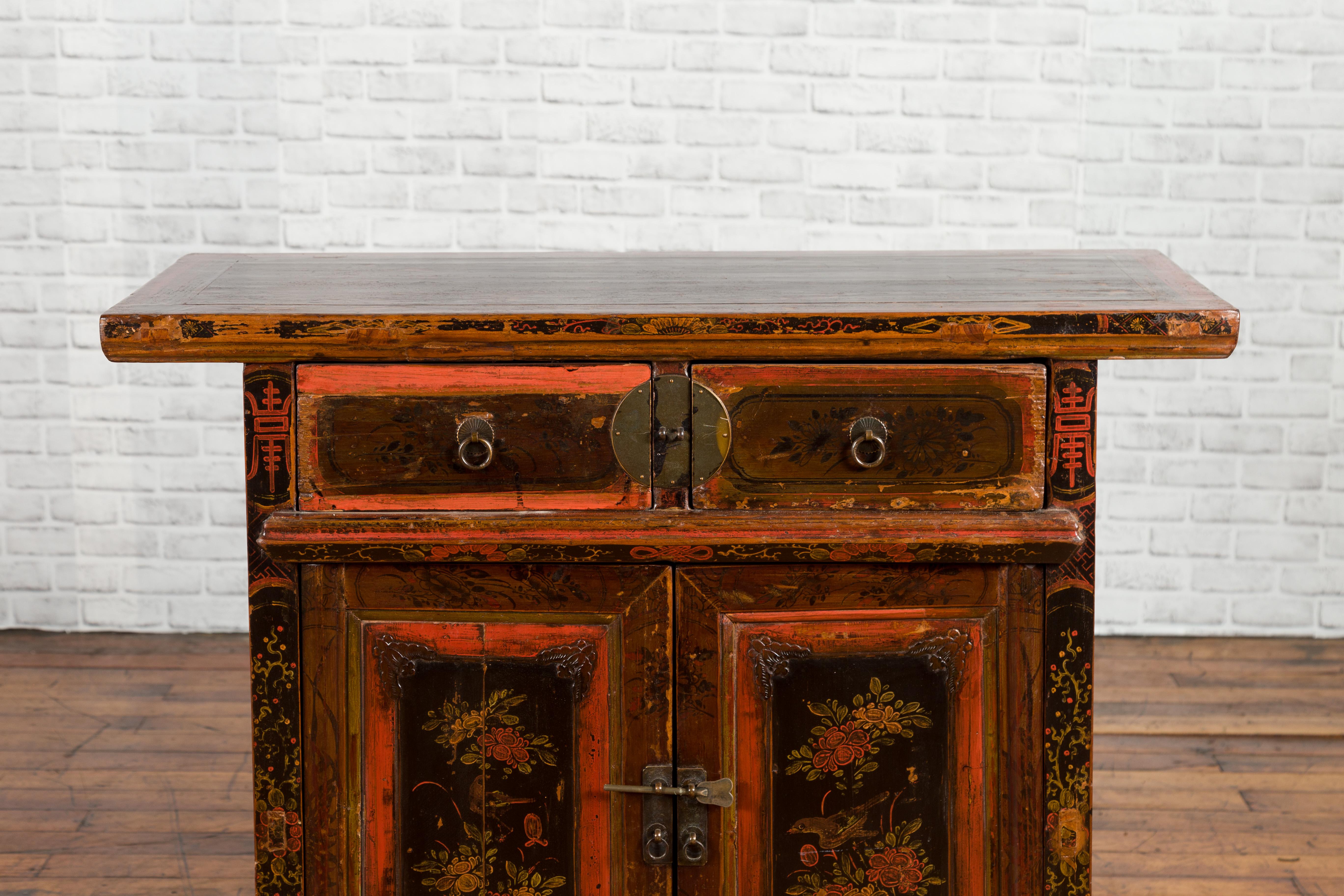 Wood Chinese Qing 19th Century Cabinet with Original Lacquer and Hand Painted Motifs