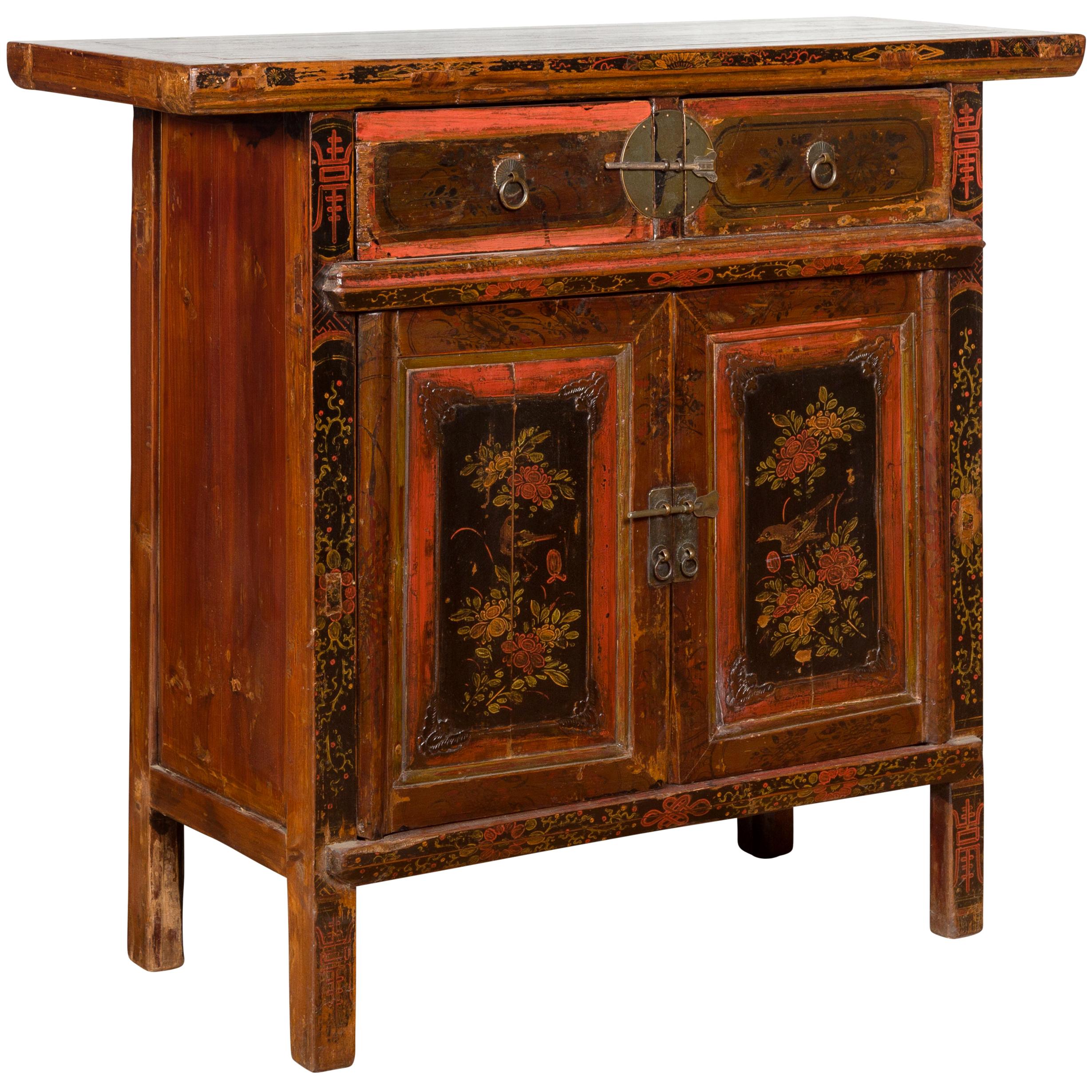 Chinese Qing 19th Century Cabinet with Original Lacquer and Hand Painted Motifs