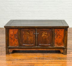 Qing 19th Century Coffee Table with Storage and Painted Floral Decor