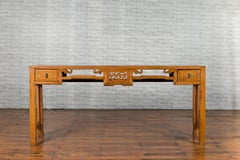 Chinese Qing 19th Century Elm Console Table with Two Drawers and Carved Motifs