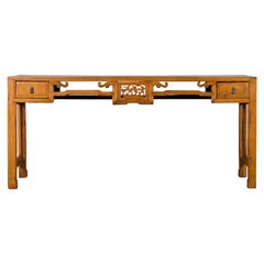 Chinese Qing 19th Century Elm Console Table with Two Drawers and Carved Motifs