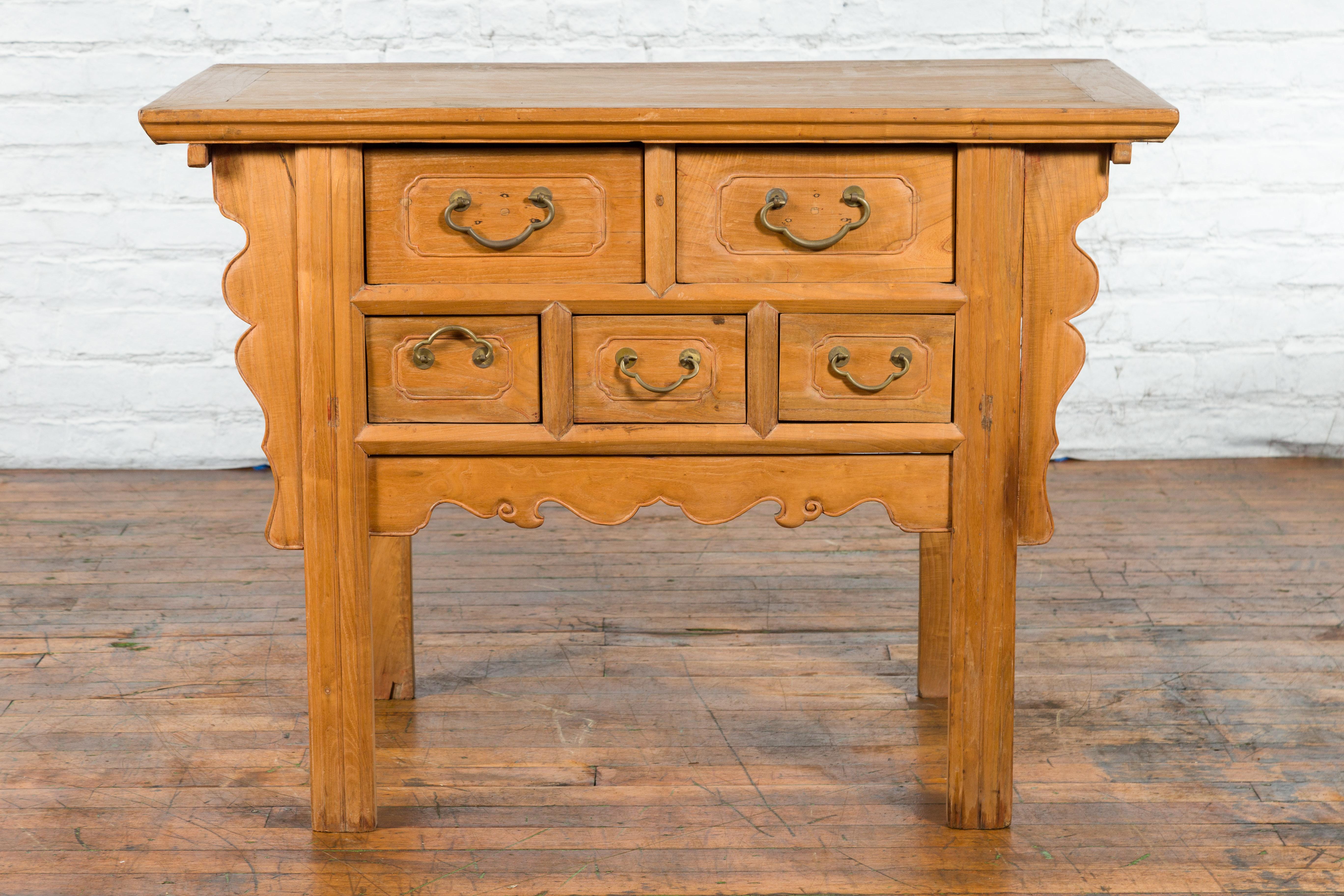 Bronze Chinese Qing 19th Century Side Table with Five Drawers and Carved Spandrels For Sale