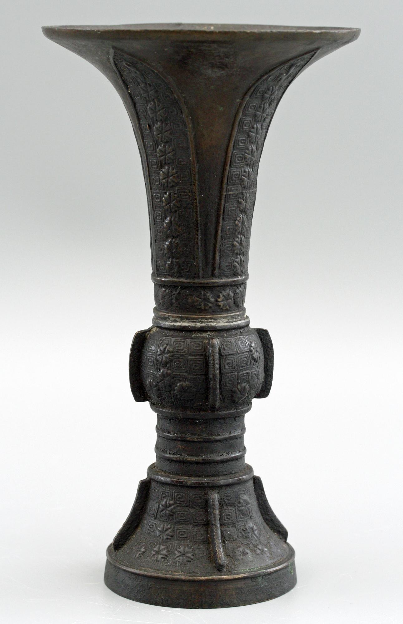 Chinese Qing Archaic Style Floral Patterned Bronze Gu Vase 3