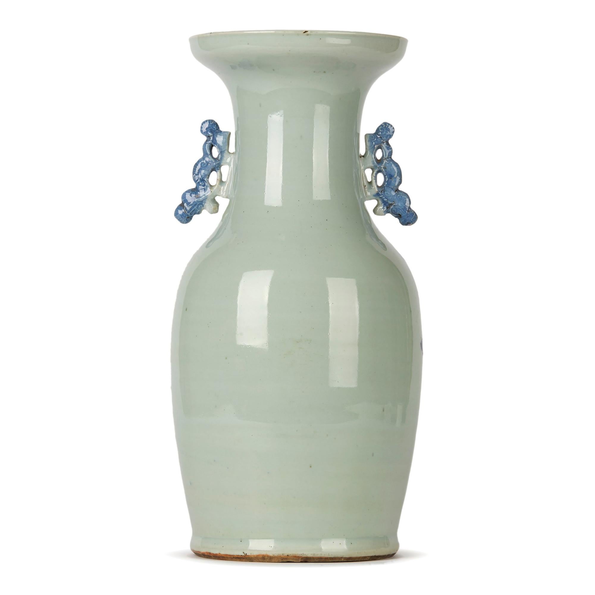 Glazed Chinese Qing Blue and White Celadon Bird Decorated Vase, 20th Century