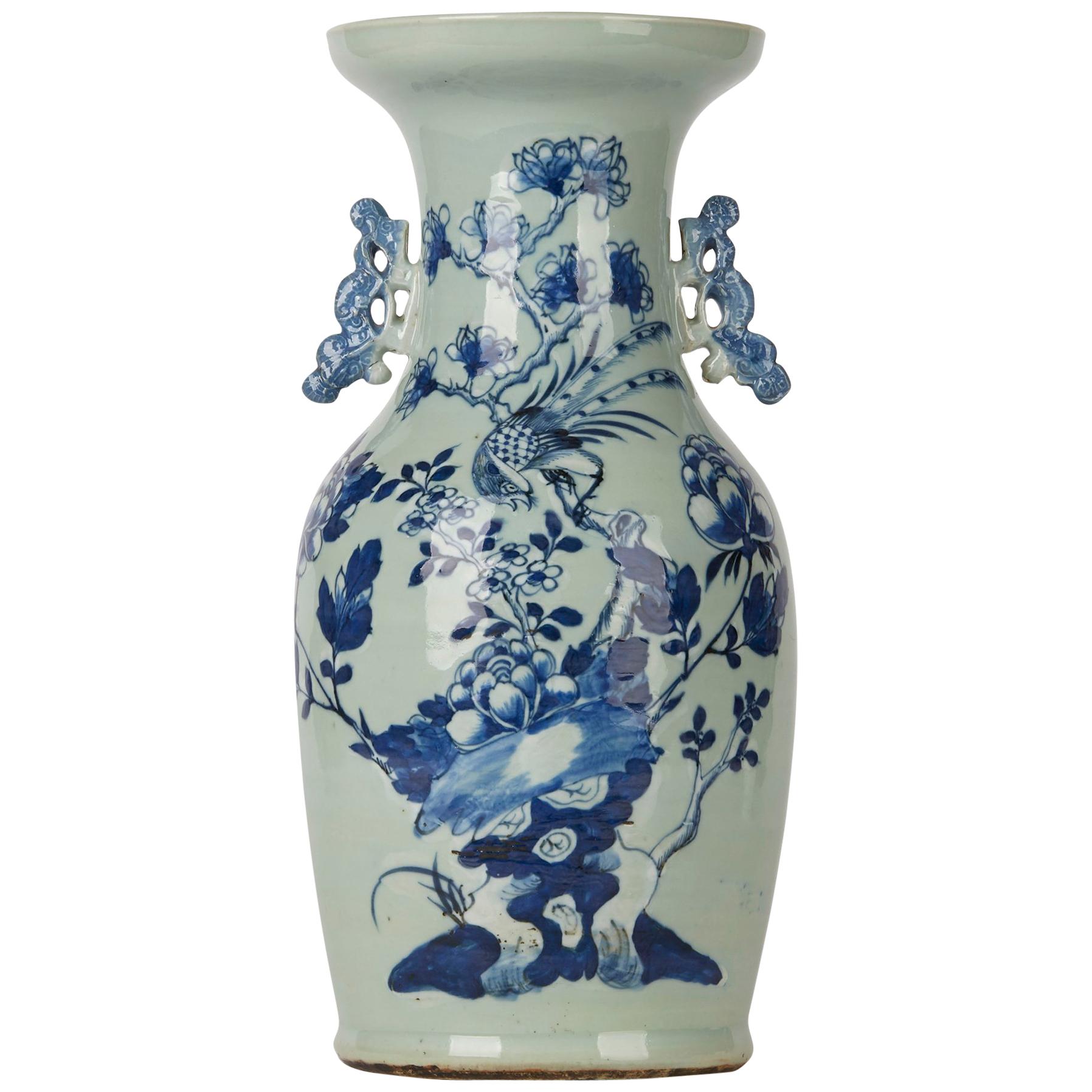 Chinese Qing Blue and White Celadon Bird Decorated Vase, 20th Century
