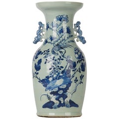 Antique Chinese Qing Blue and White Celadon Bird Decorated Vase, 20th Century