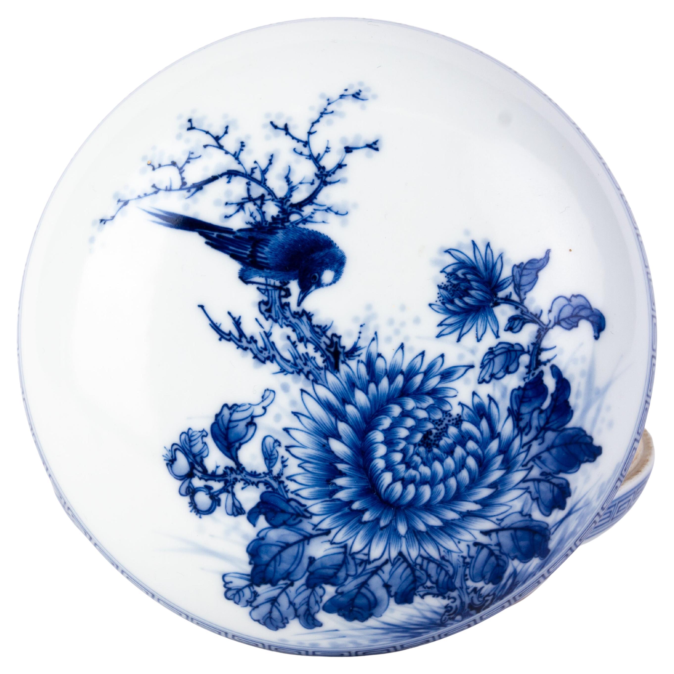 Chinese Qing Blue & White Porcelain Blossoms & Bird Paste Box 18th Century  For Sale