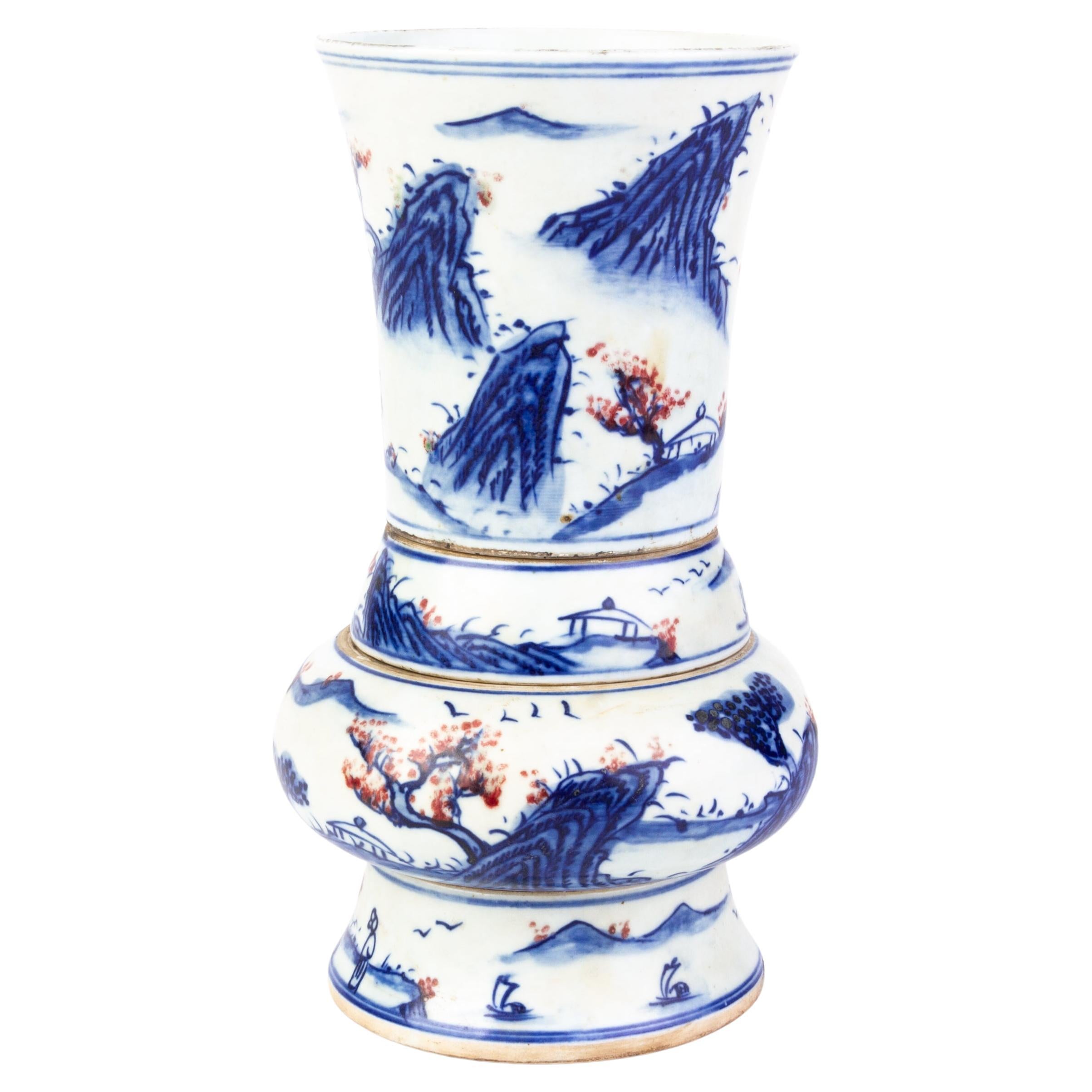 Chinese Qing Blue & White Porcelain Gu Vase 19th Century 