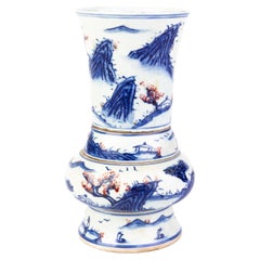 Antique Chinese Qing Blue & White Porcelain Gu Vase 19th Century 