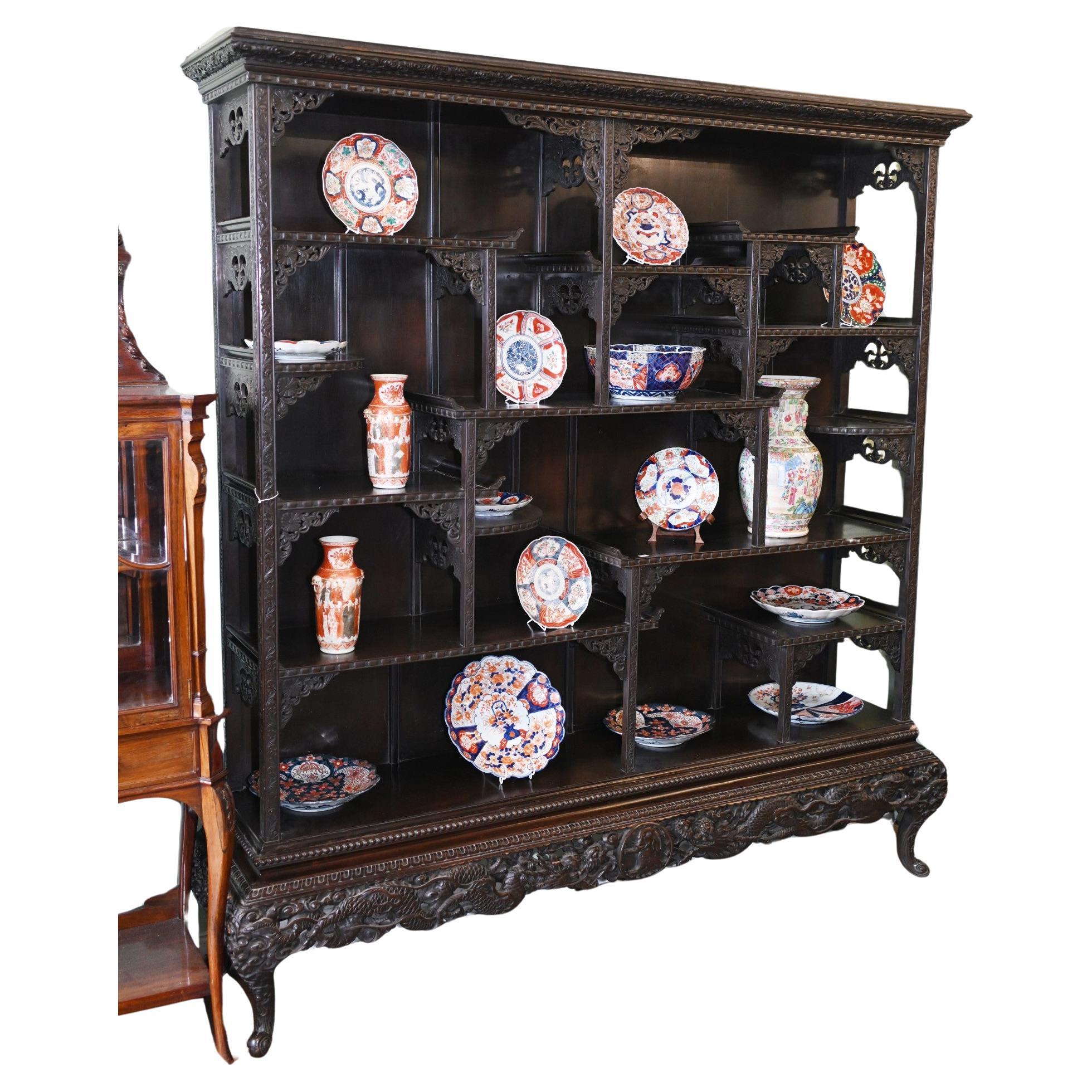 Chinese Qing Bookcase Display Cabinet Carved Hardwood 1900