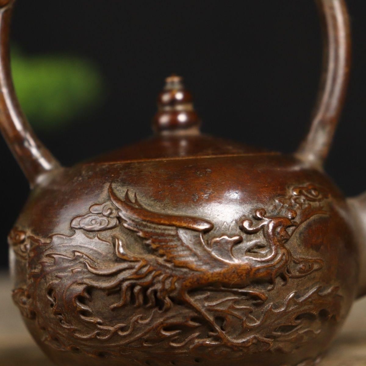 19th Century Old Asian Bronze Teapot with Dragon and Phoenix For Sale