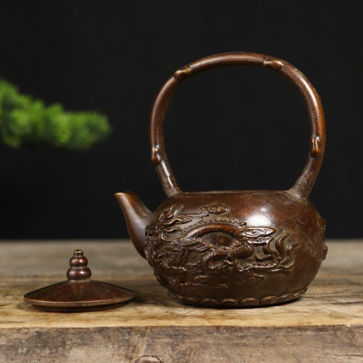 Old Asian Bronze Teapot with Dragon and Phoenix For Sale 1