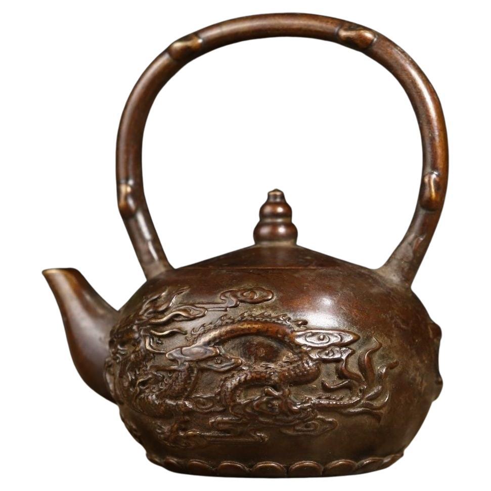 Old Asian Bronze Teapot with Dragon and Phoenix For Sale