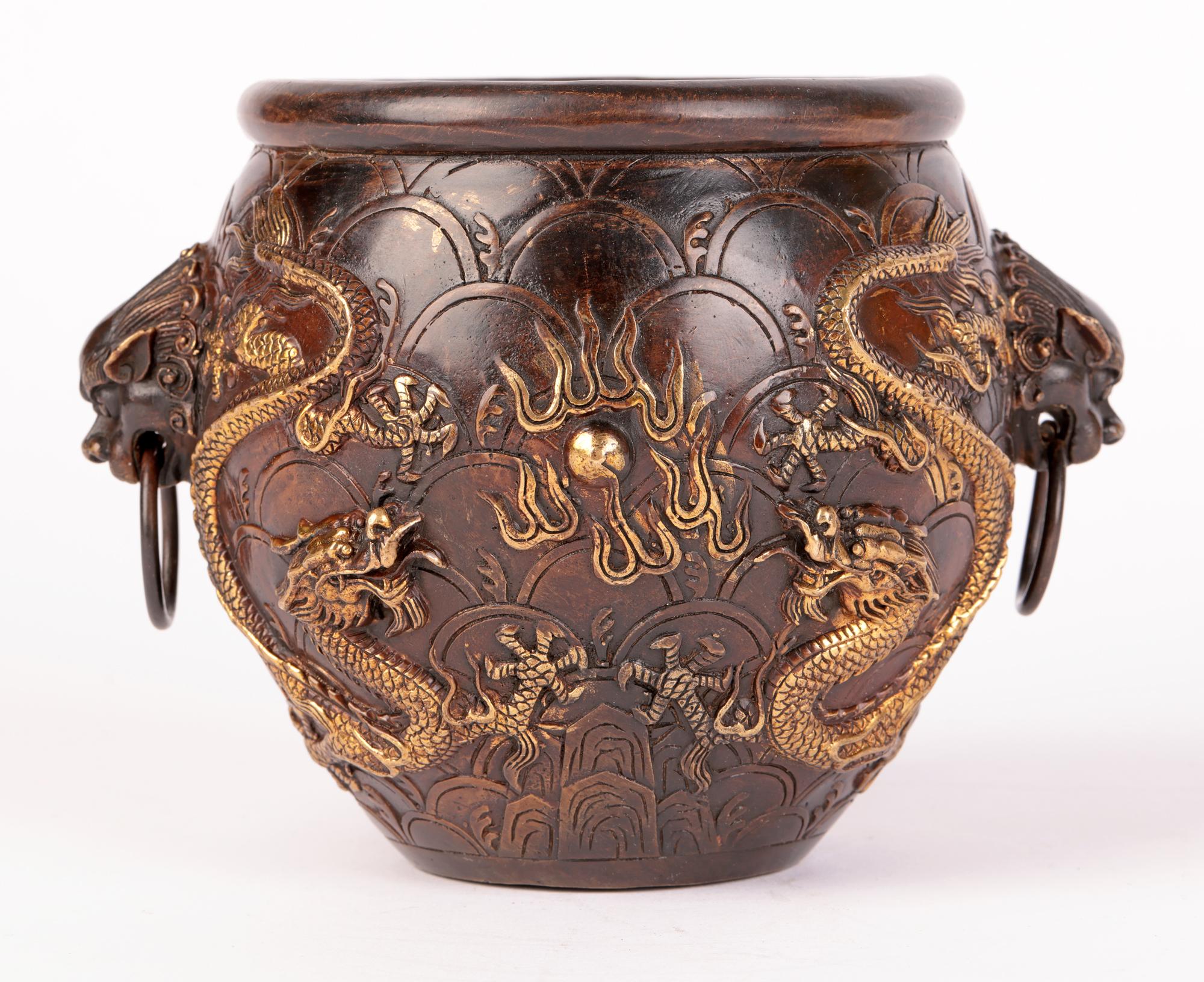 Chinese Qing Bronze Twin Handled Bowl with Gilded Dragons 5