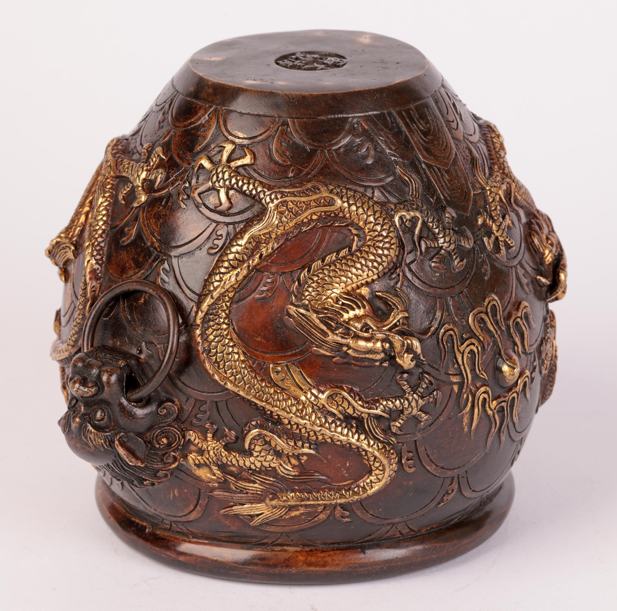Chinese Qing Bronze Twin Handled Bowl with Gilded Dragons 6