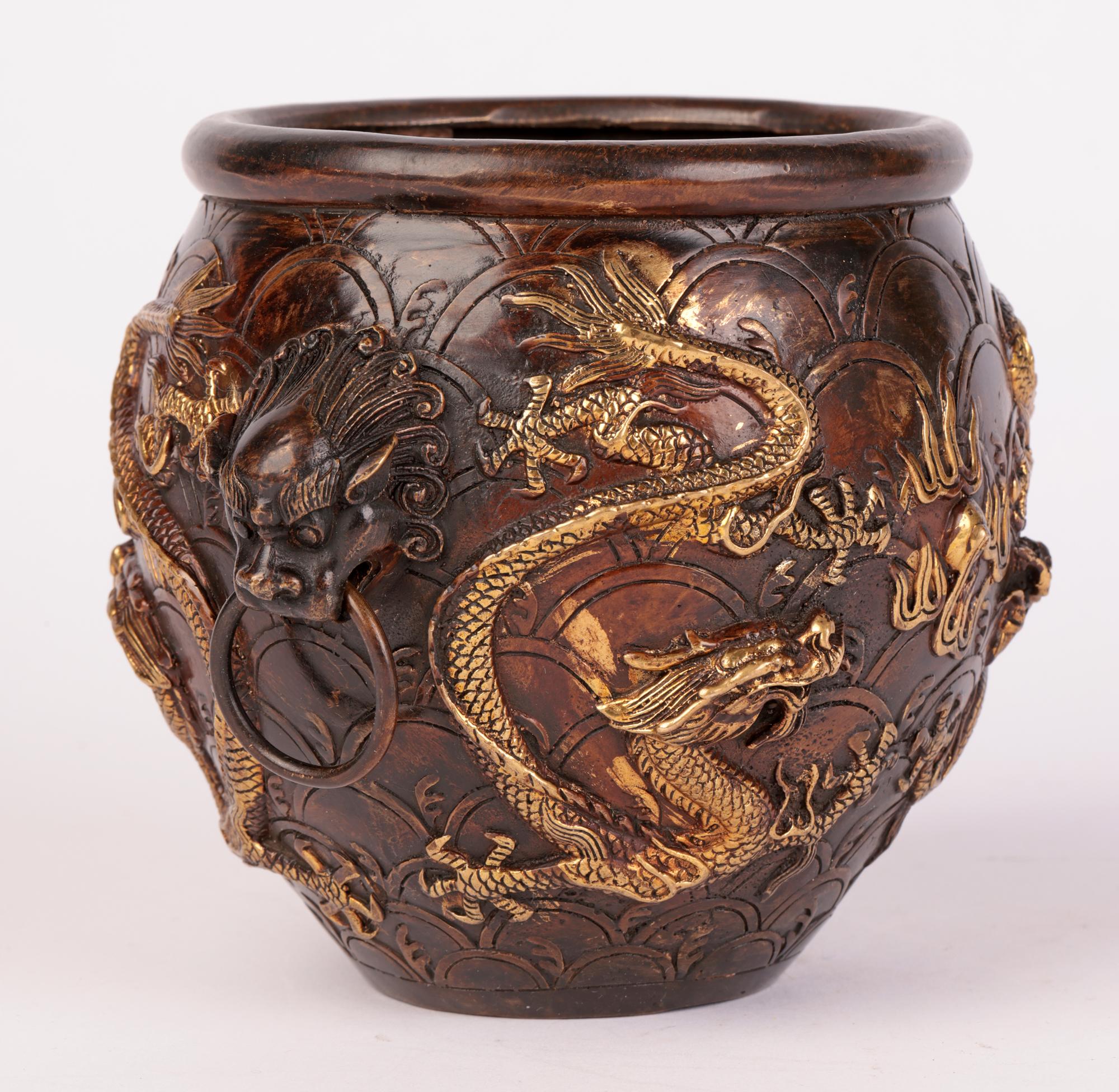 Chinese Qing Bronze Twin Handled Bowl with Gilded Dragons 7