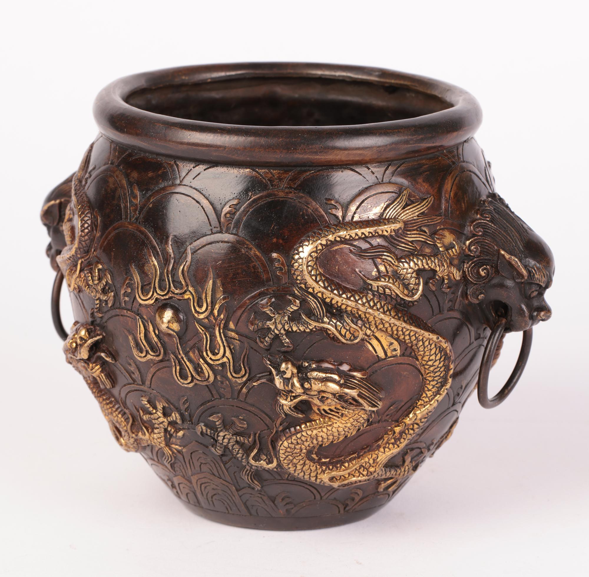 Chinese Qing Bronze Twin Handled Bowl with Gilded Dragons 10