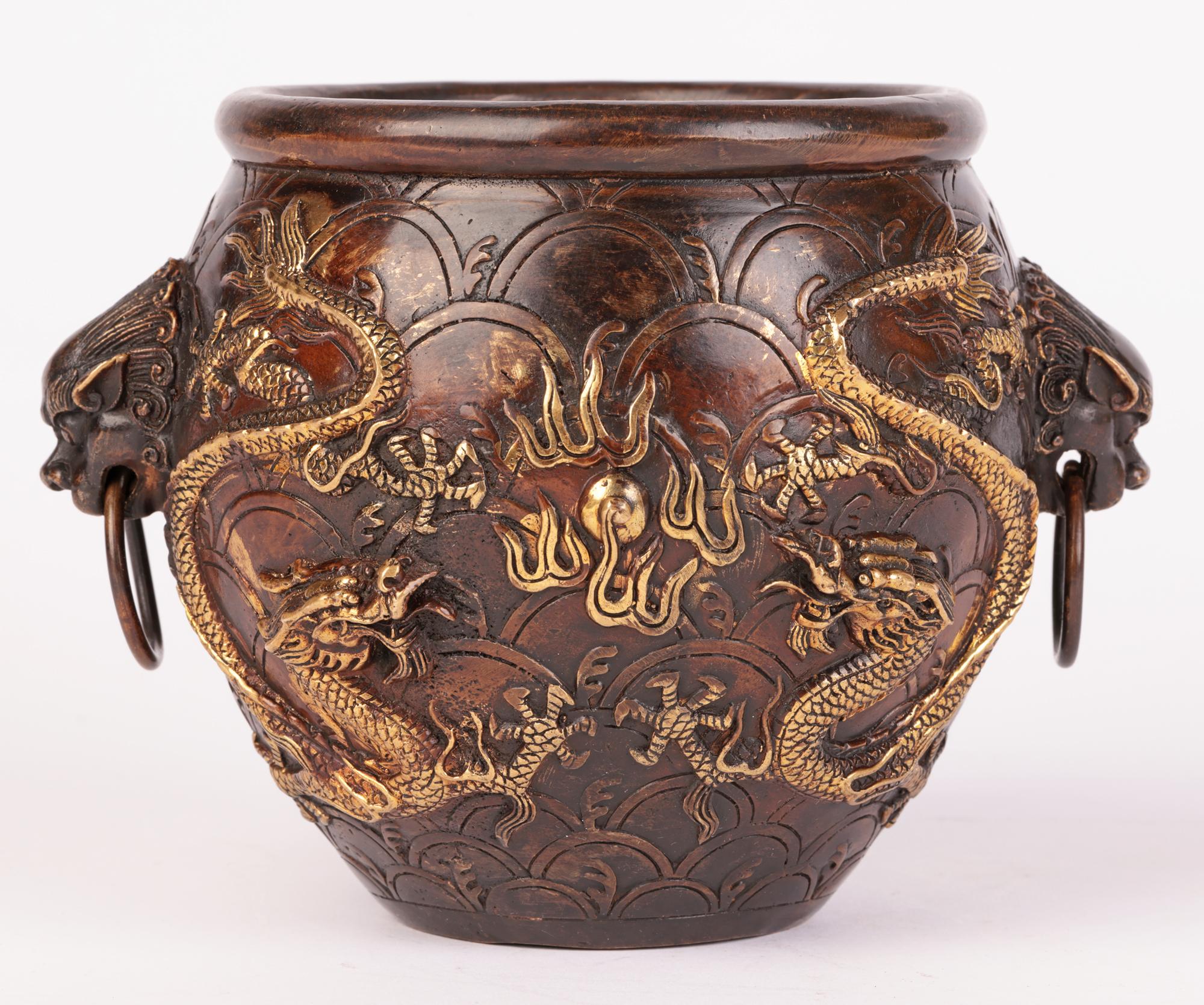 Chinese Qing Bronze Twin Handled Bowl with Gilded Dragons 13