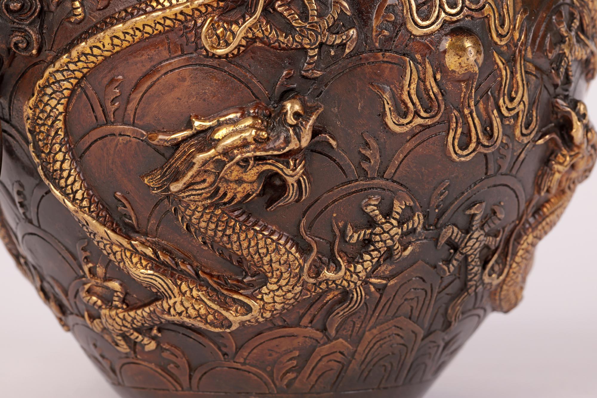 Chinese Qing Bronze Twin Handled Bowl with Gilded Dragons 2