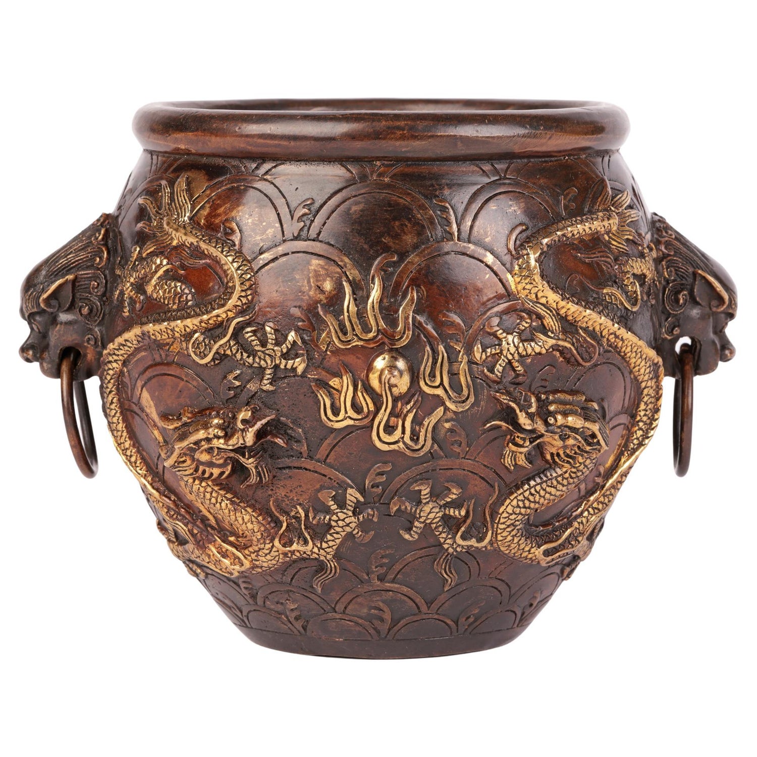 Gilded Zun Vessel with Dragon Ear Handles in Altar Red and Variable Glazes  in Qing Dynasty (19th century) (HL No. 054)