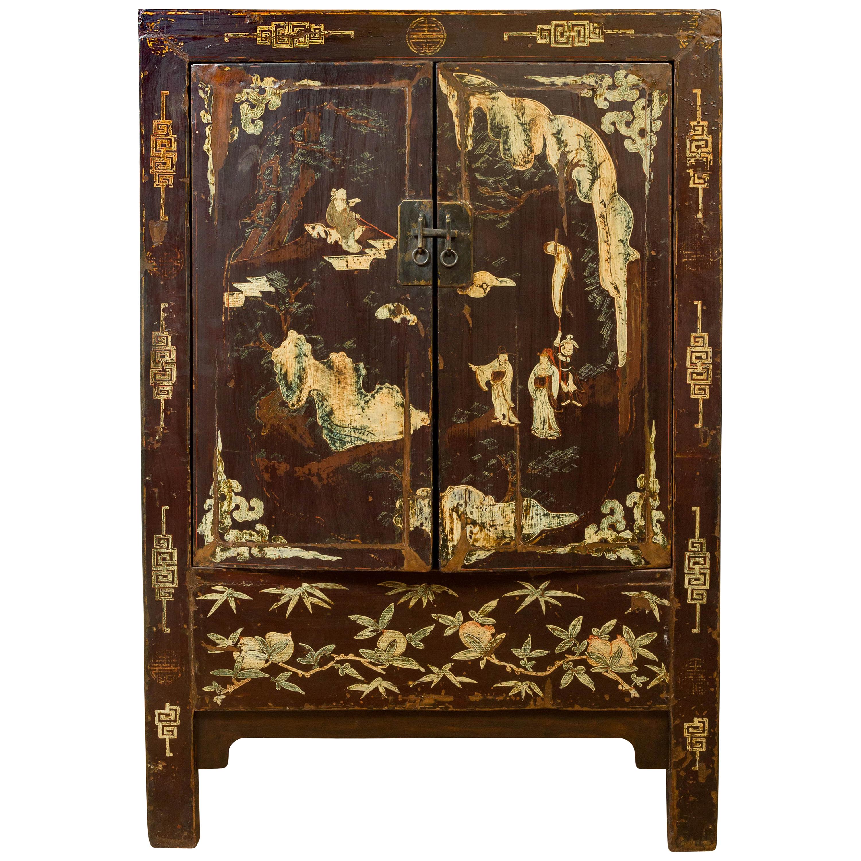 Chinese Qing Brown Lacquered Two-Door Cabinet with Hand Painted Chinoiserie