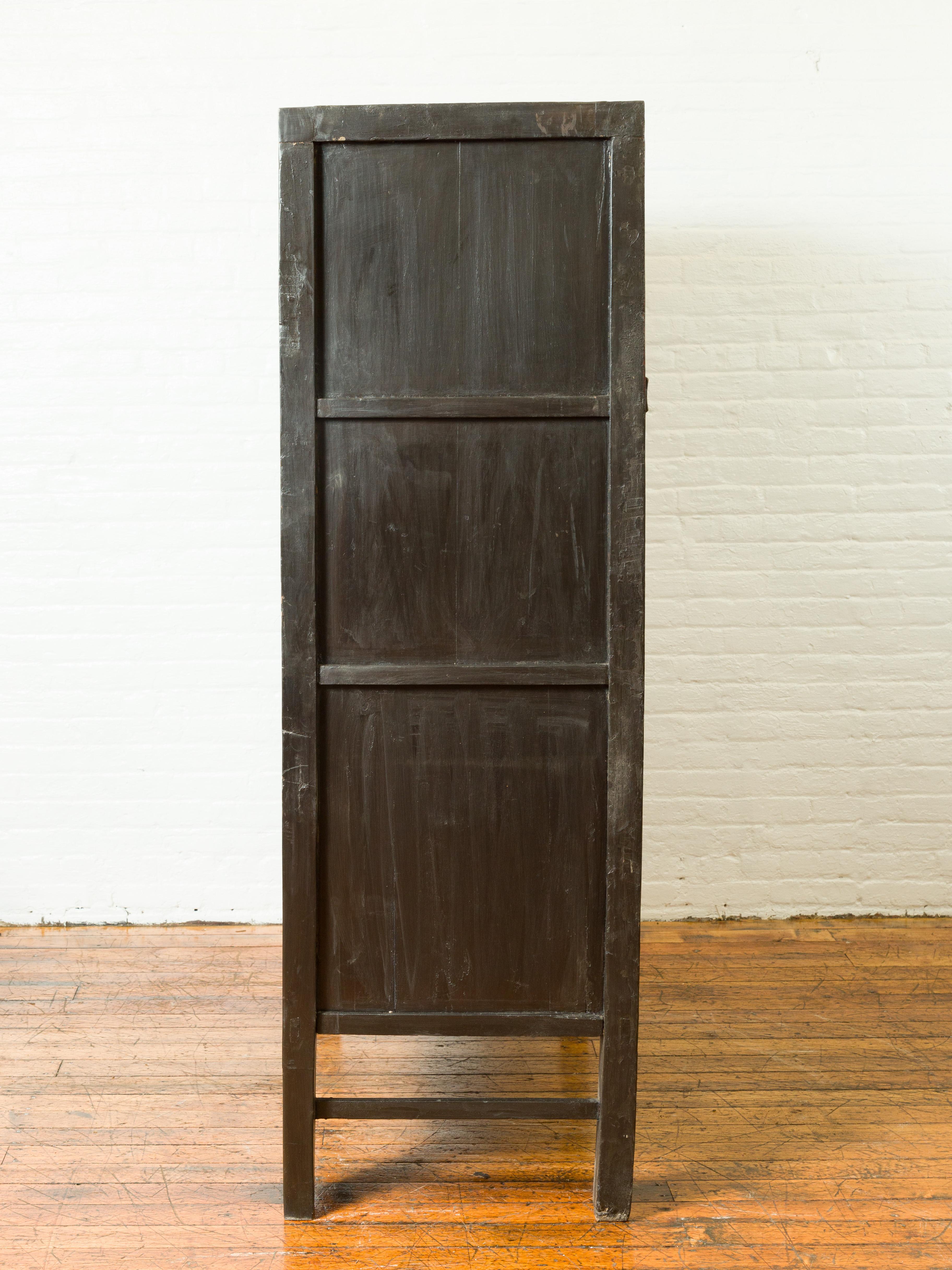 Chinese Qing Brown Lacquered Two-Door Cabinet with Hand Painted Chinoiserie 7
