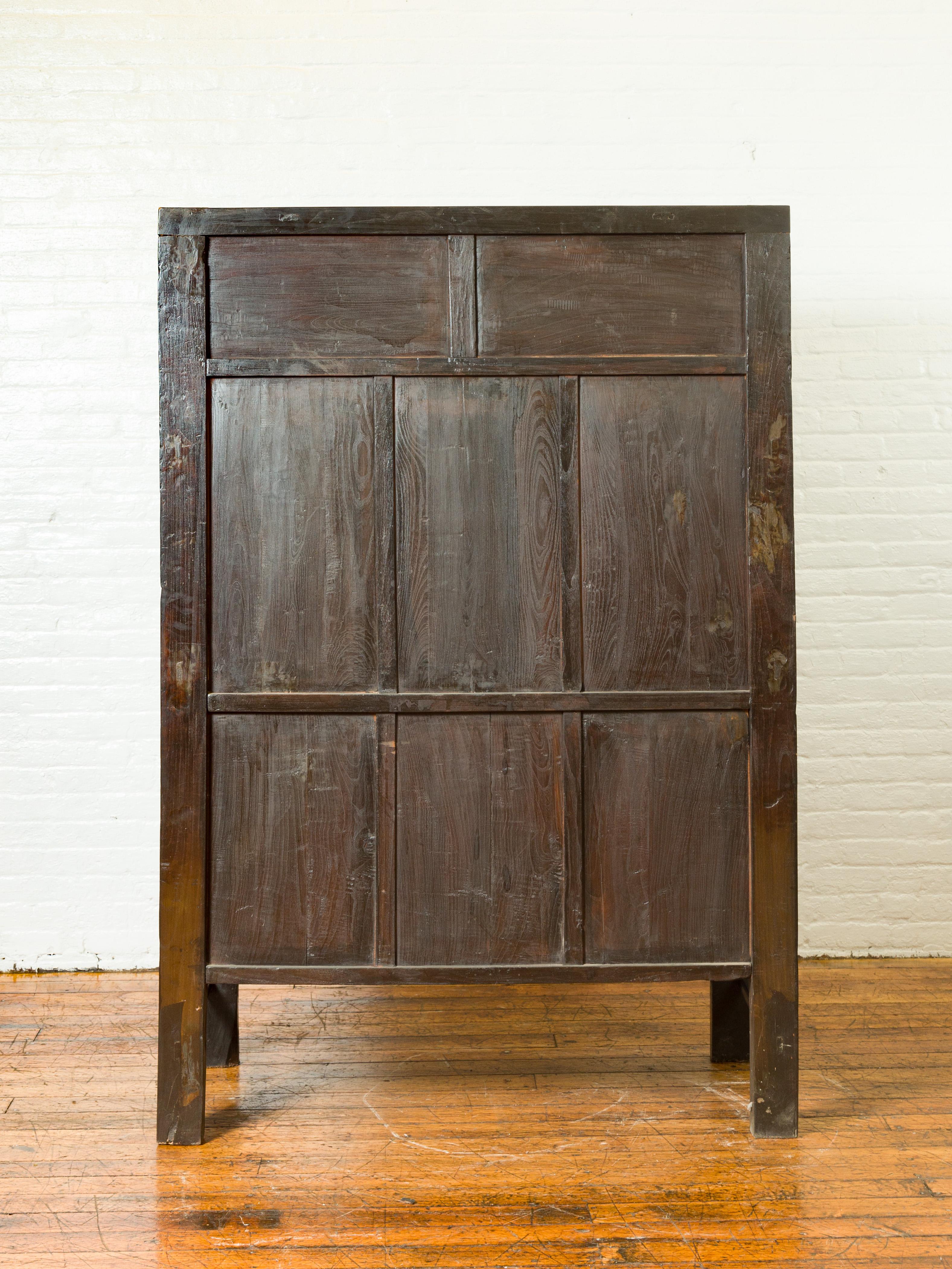 Chinese Qing Brown Lacquered Two-Door Cabinet with Hand Painted Chinoiserie 8