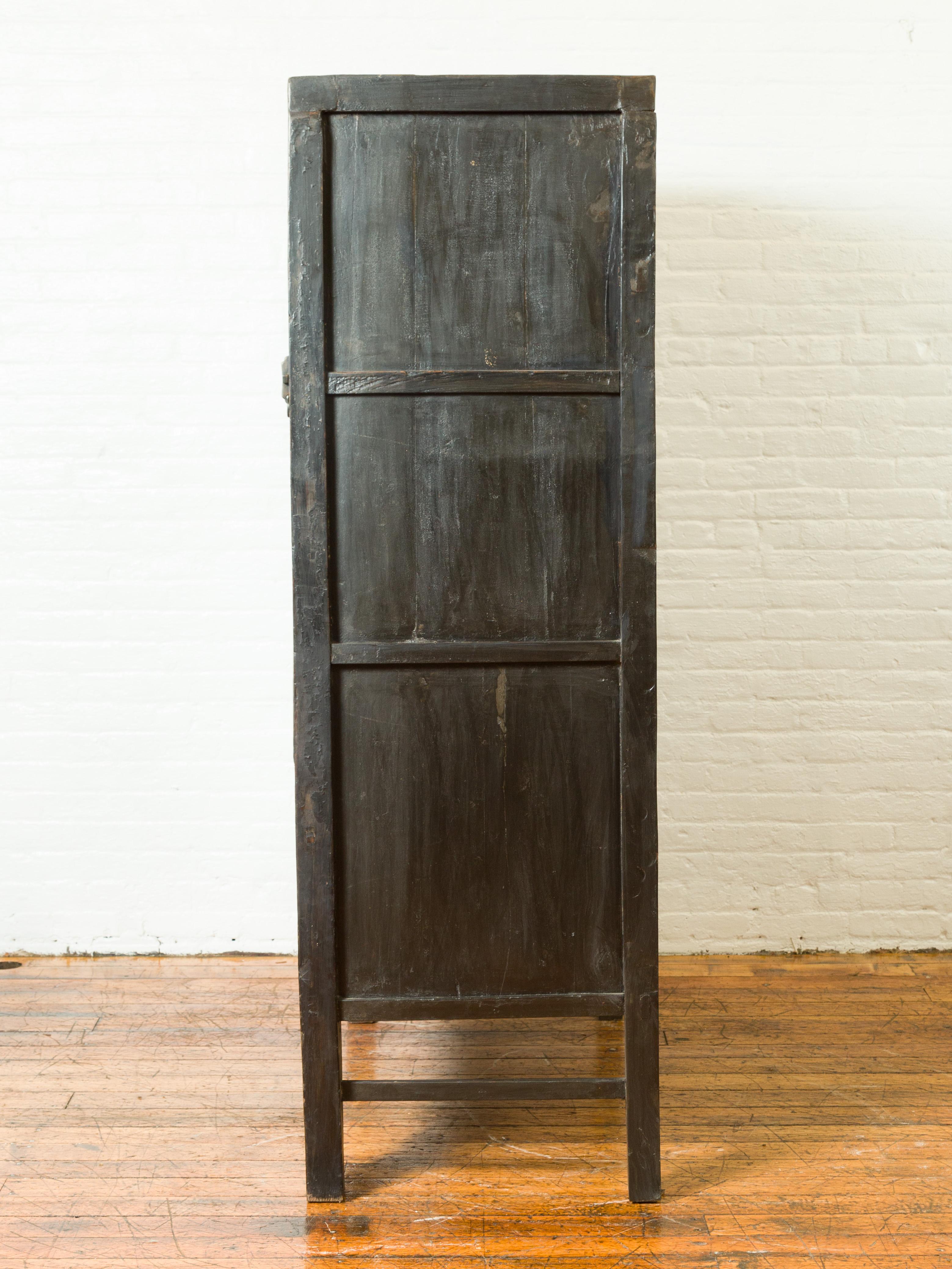 Chinese Qing Brown Lacquered Two-Door Cabinet with Hand Painted Chinoiserie 9