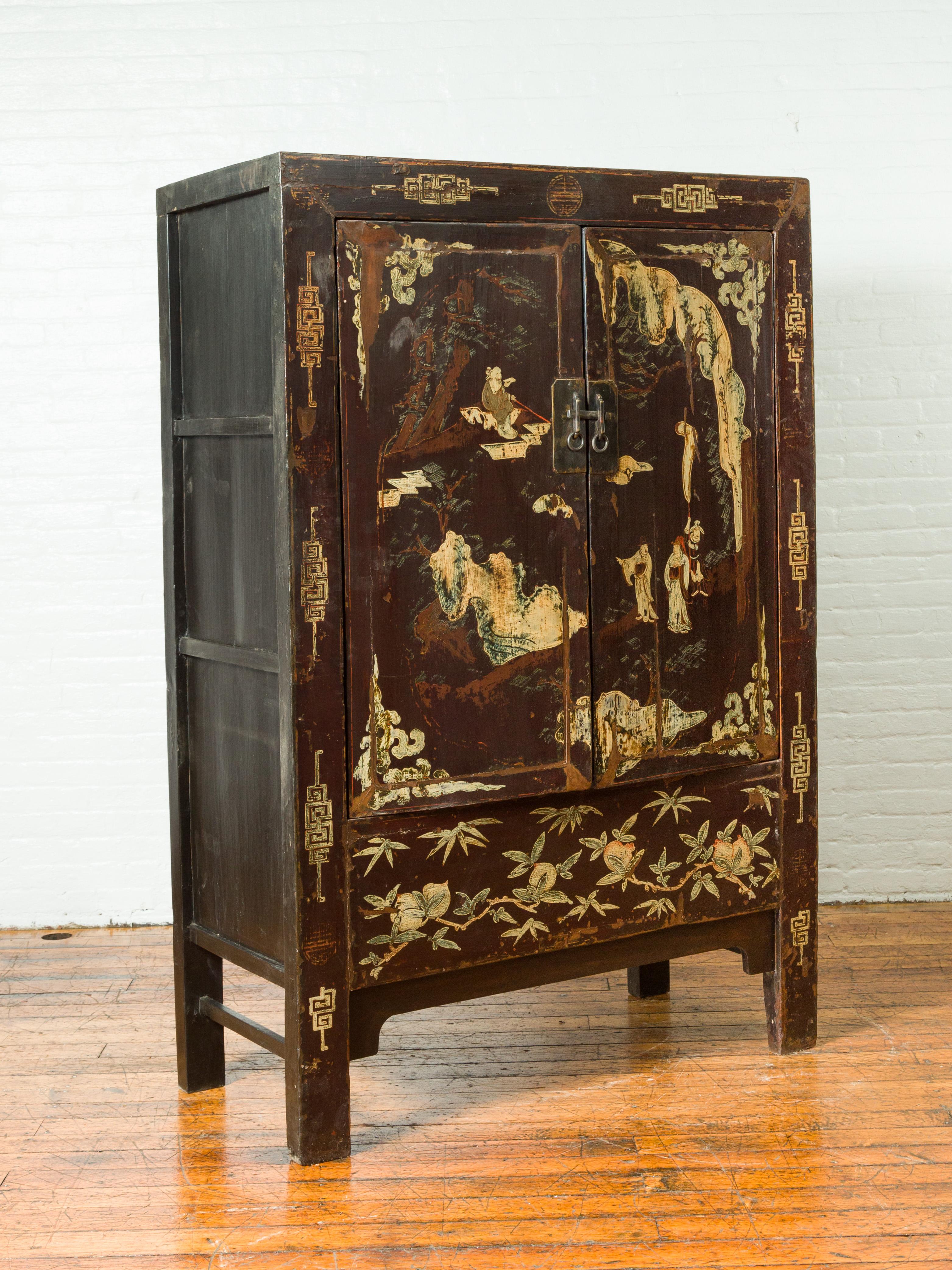 Hand-Painted Chinese Qing Brown Lacquered Two-Door Cabinet with Hand Painted Chinoiserie