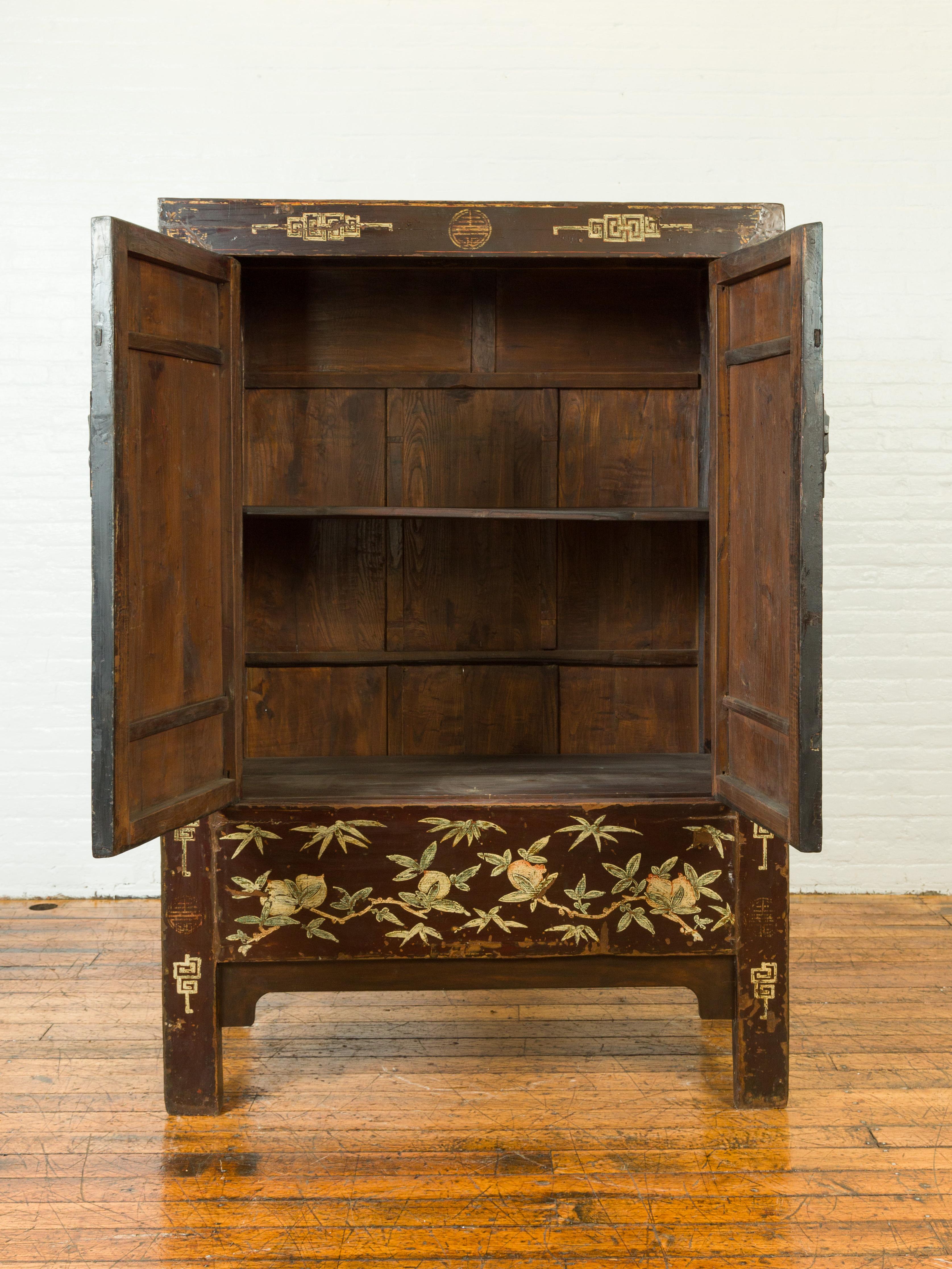 Chinese Qing Brown Lacquered Two-Door Cabinet with Hand Painted Chinoiserie In Good Condition In Yonkers, NY