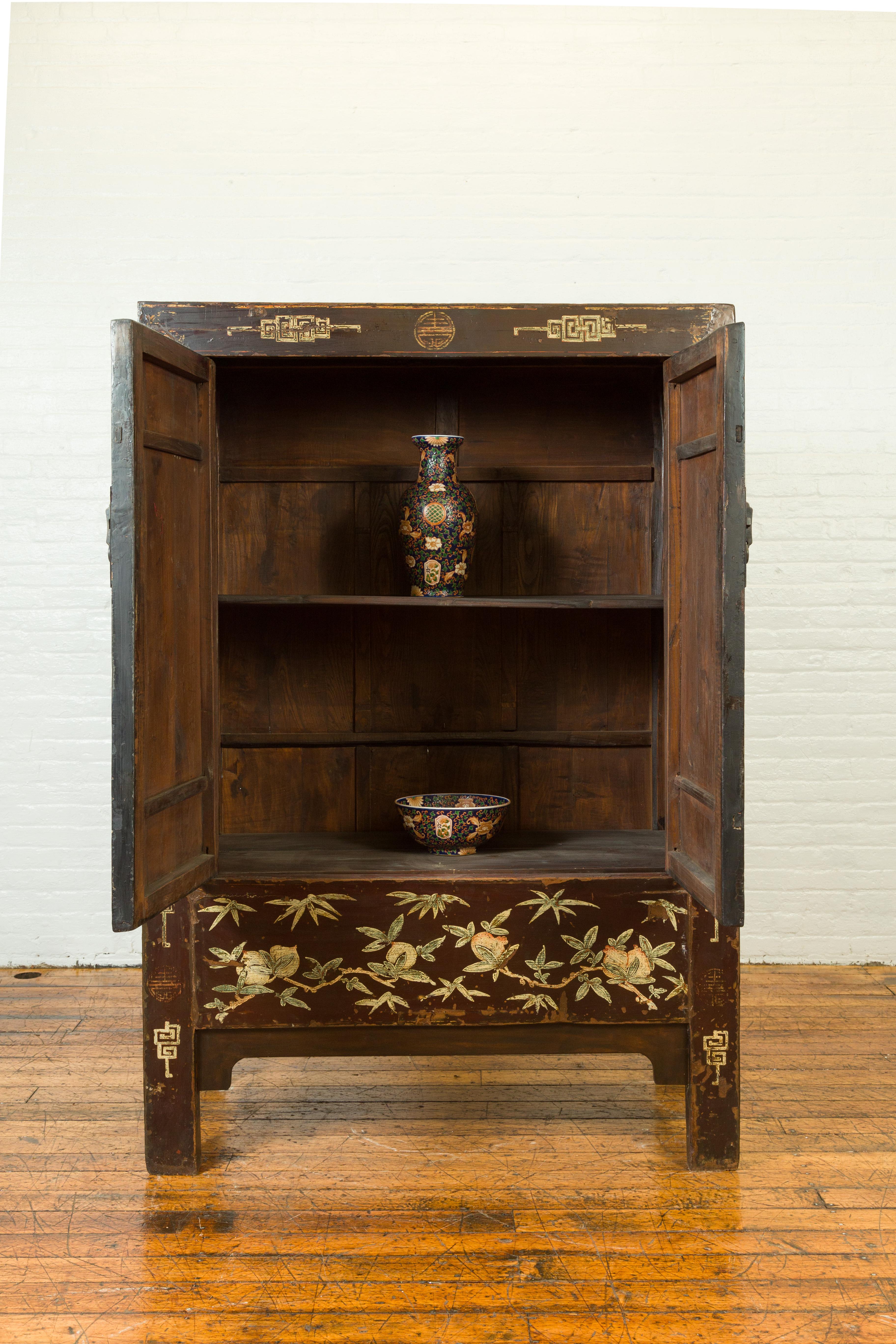 20th Century Chinese Qing Brown Lacquered Two-Door Cabinet with Hand Painted Chinoiserie