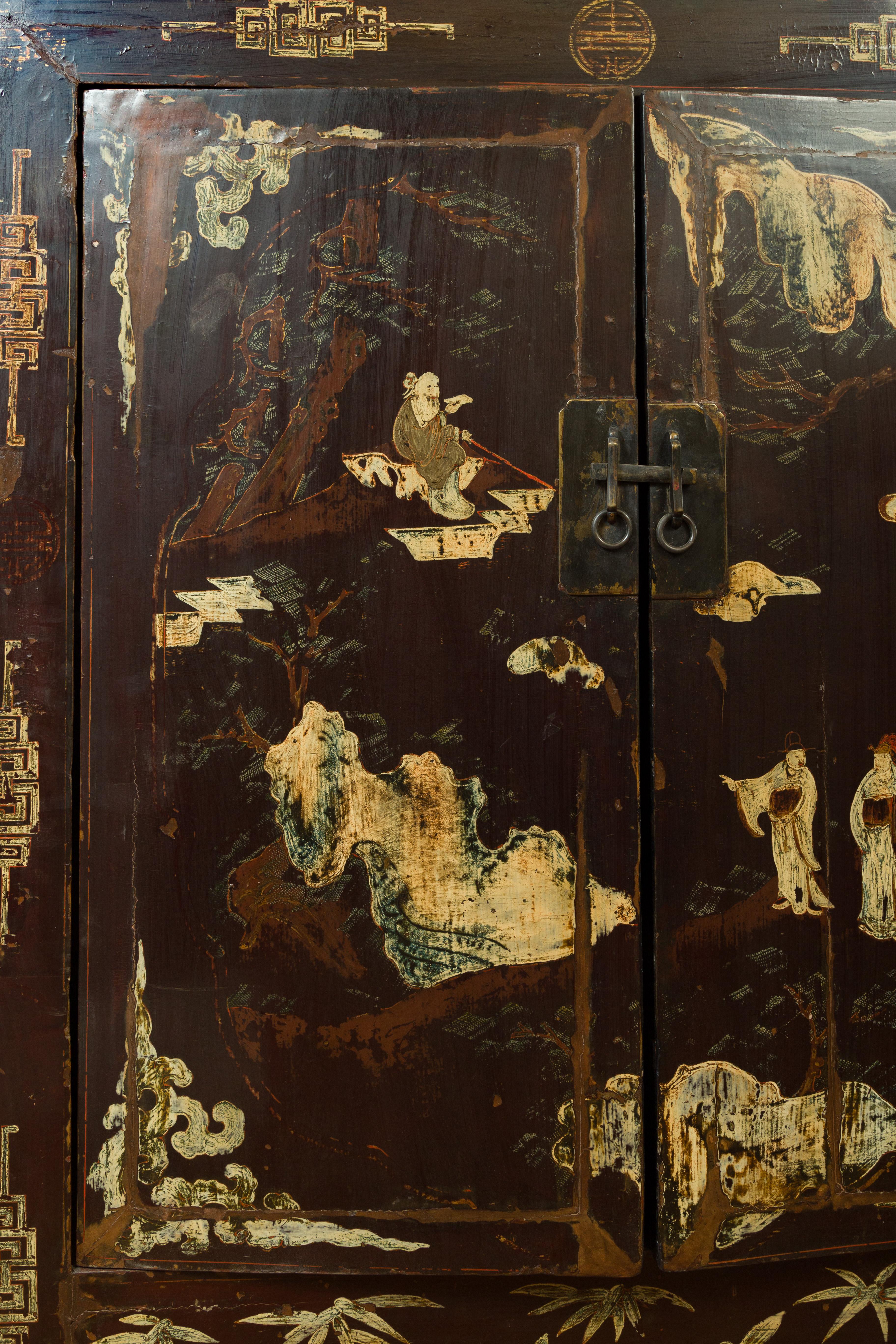 Wood Chinese Qing Brown Lacquered Two-Door Cabinet with Hand Painted Chinoiserie