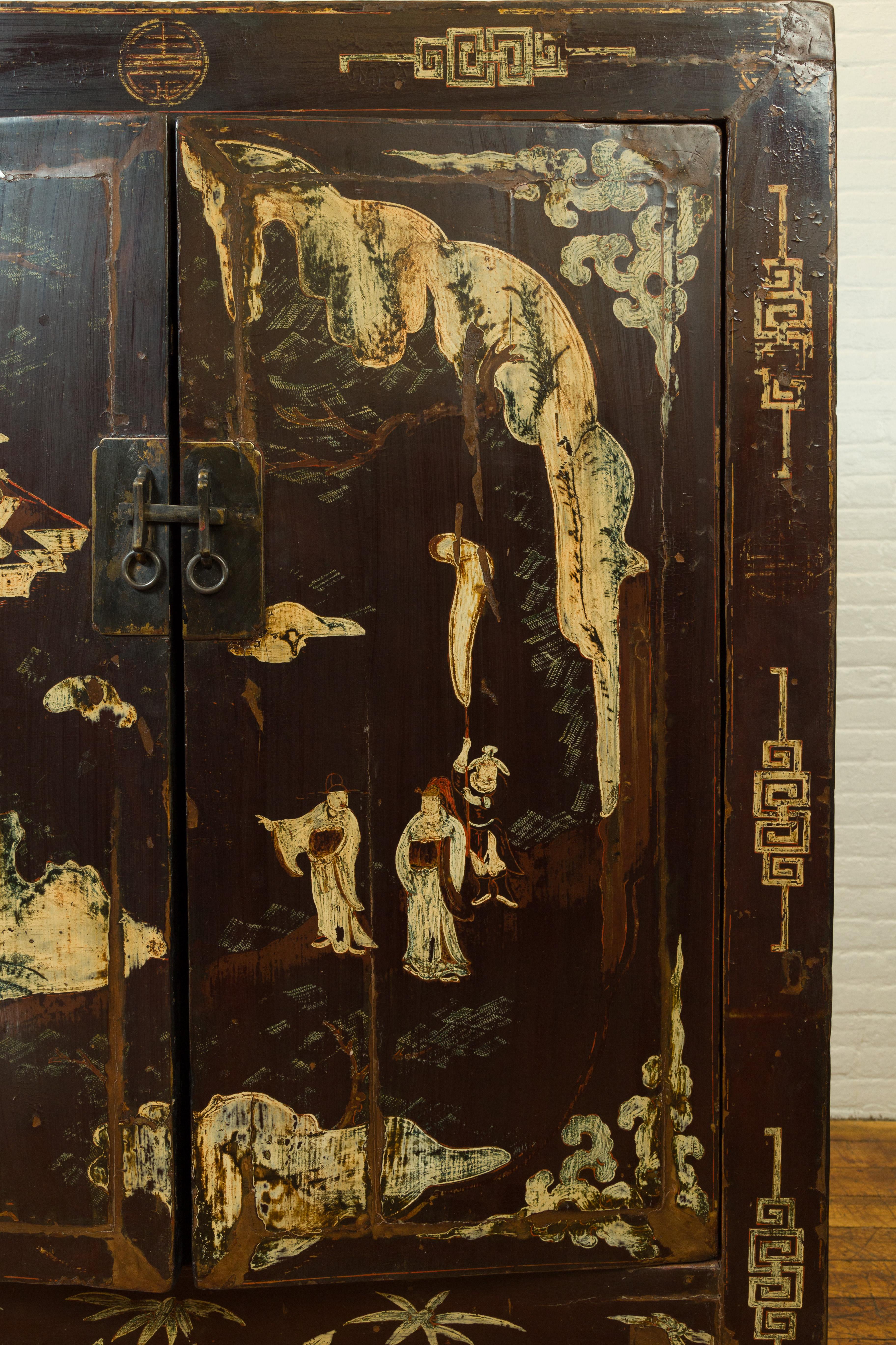 Chinese Qing Brown Lacquered Two-Door Cabinet with Hand Painted Chinoiserie 1