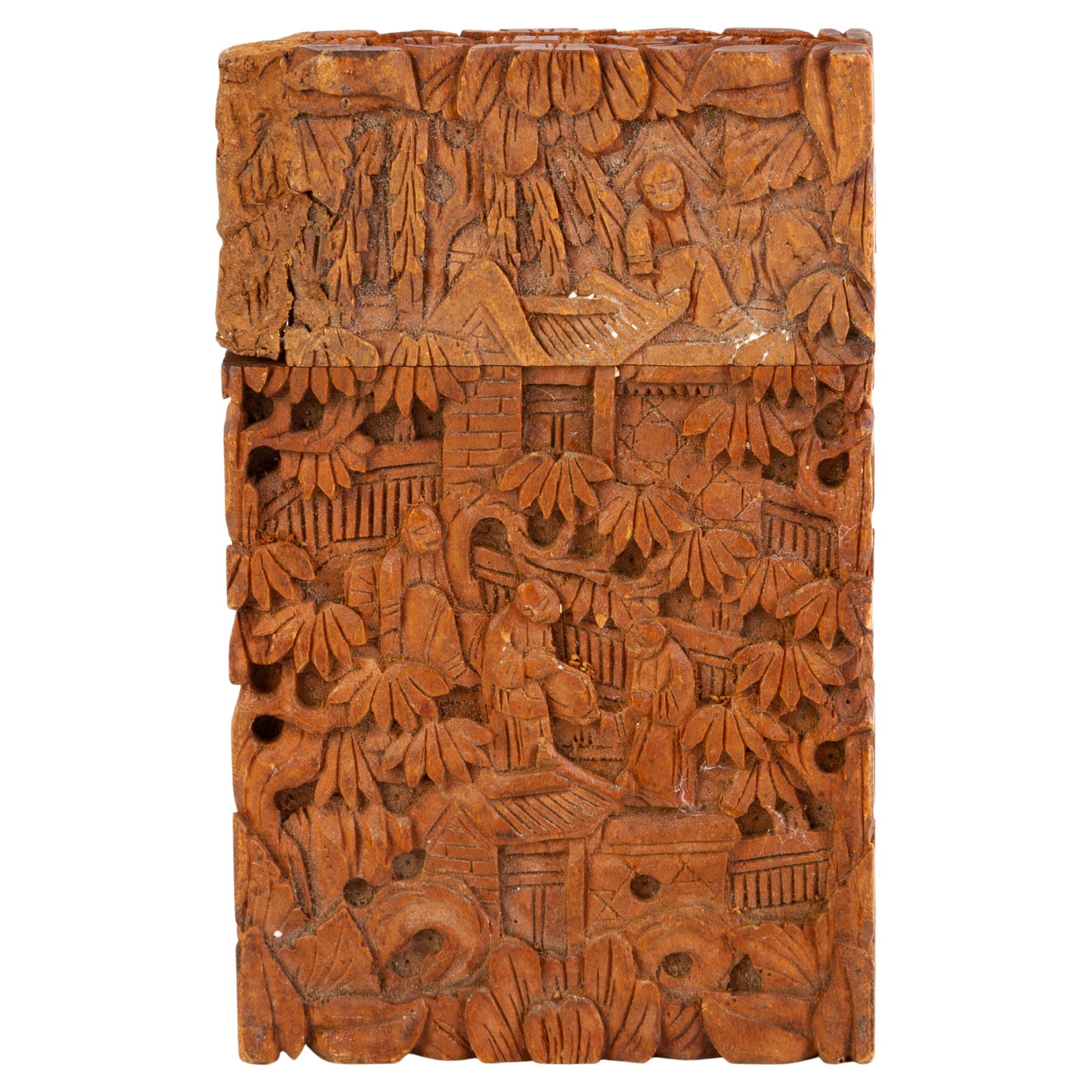 Chinese Qing Carved Boxwood Cantonese Canton Card Case 19th Century  For Sale