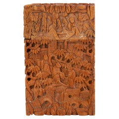 Boîte à cartes cantonaise en bois de buis sculpté Qing du 19ème siècle 