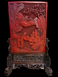 Chinese Qing Cinnabar Lacquer Carved Table Screen with Rosewood Openwork Stand
