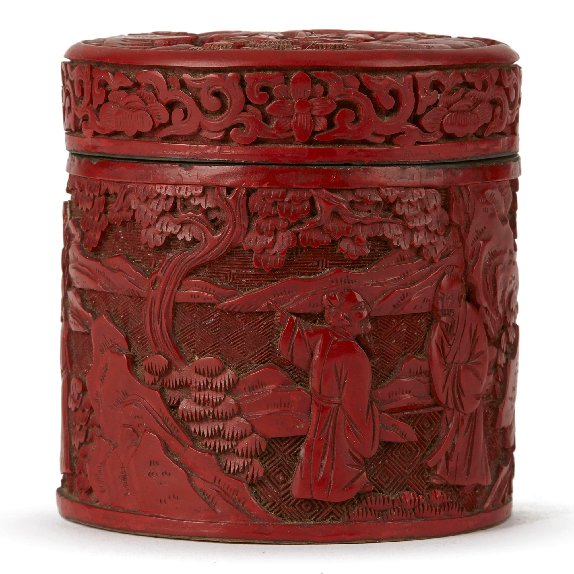 A fine quality antique Chinese red cinnabar lacquer lidded pot, possibly for tea, deeply carved with figures in landscapes with turquoise blue enamels to the inside and to the base. The lidded pot is not marked.
