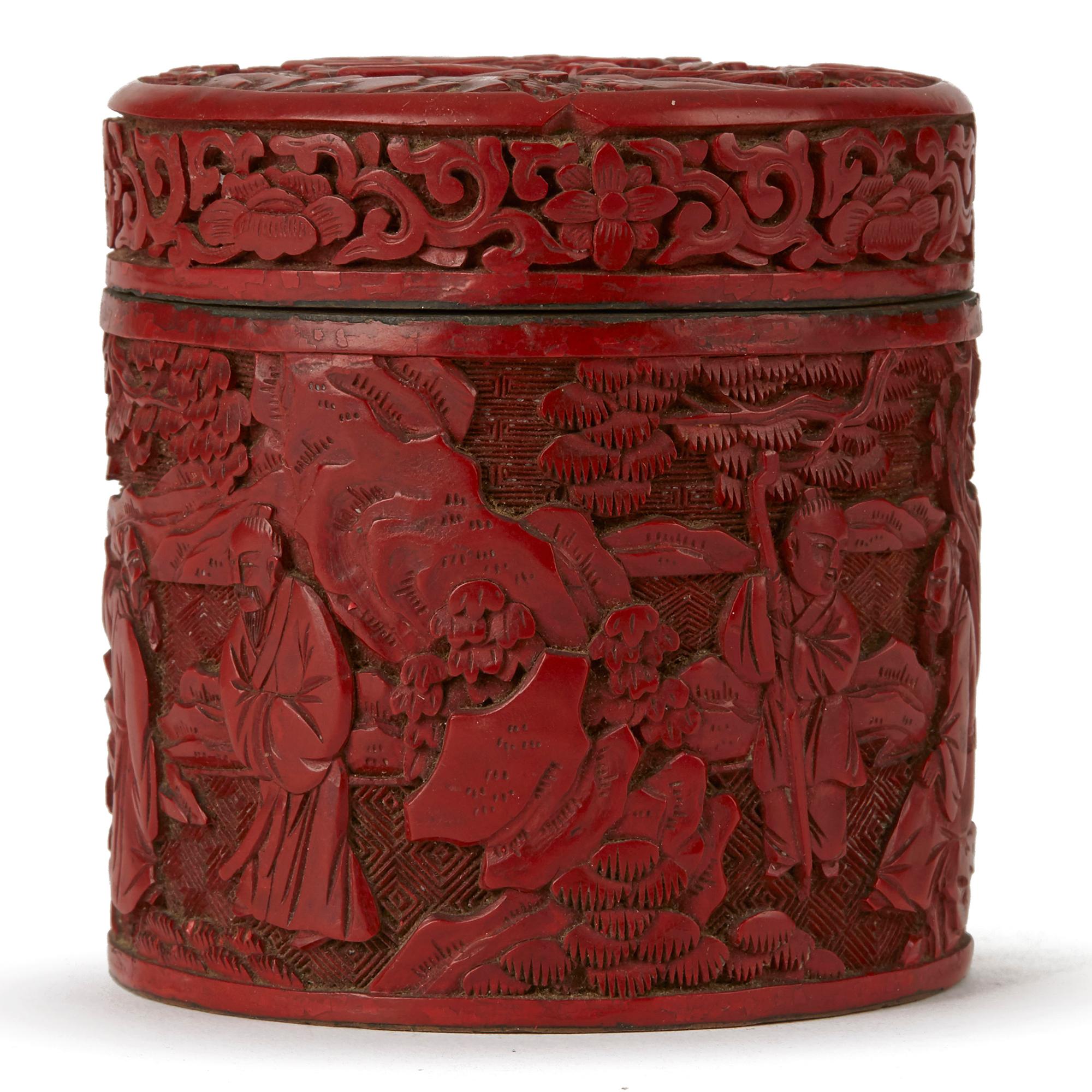 Hand-Carved Chinese Qing Cinnabar Lacquer Lidded Box, 19th Century
