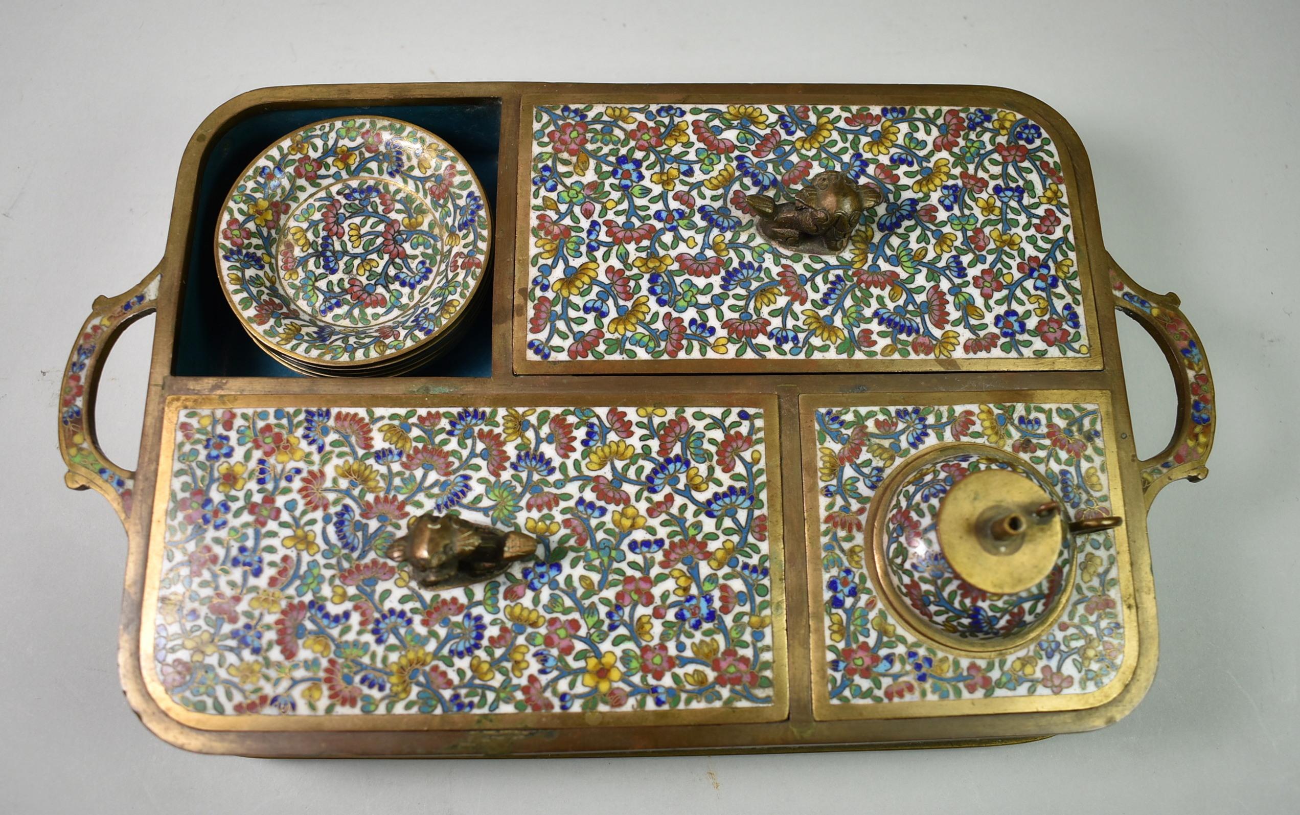Chinese Qing Cloisonné Bronze Opium Caddy Set In Good Condition For Sale In Toledo, OH