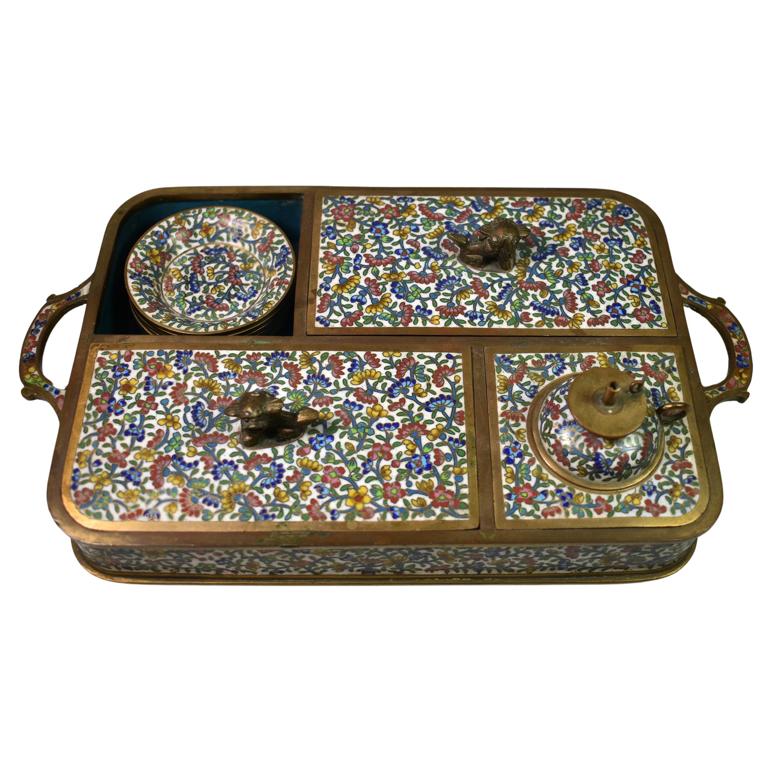 Chinese Qing Cloisonné Bronze Opium Caddy Set For Sale